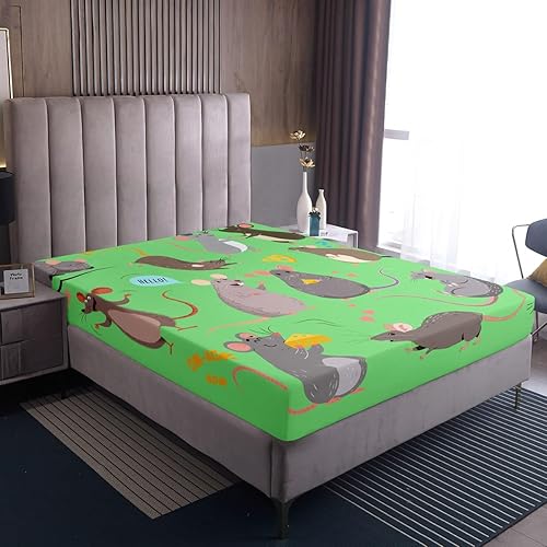 Miniatura 5 de Erosebridal Sábana bajera ajustable de rata, juego de ropa de cama Kawaii de roedores tamaño Queen para niños, niñas y mujeres, sábana bajera