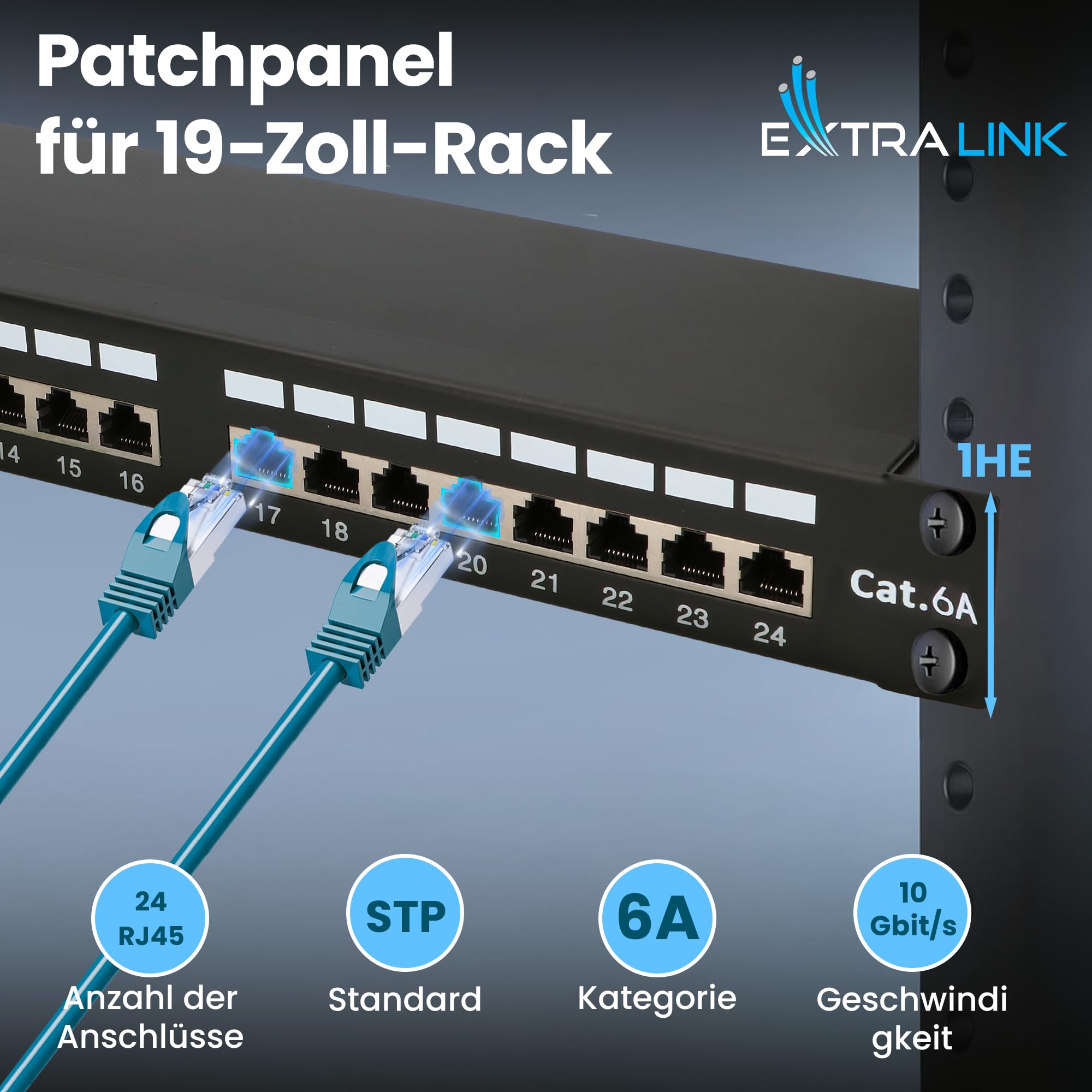 Extralink Patchpanel 24 Port CAT6A STP geschirmt 19 Zoll Patchfeld RJ45