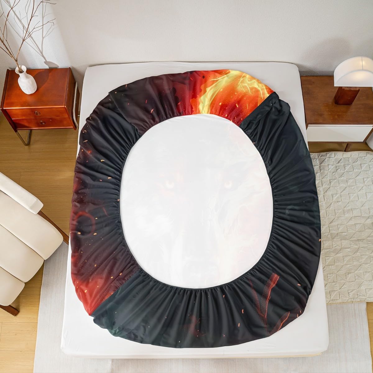 Gothic Wolf Fitted Sheet Full Size Abstract Hunting Elk Animal Bedding Set for Kids Boys Girls Teens 3D Burning Flame Bed Sheet Set Safari Wildlife Bed Cover Room Decor,No Top Sheet