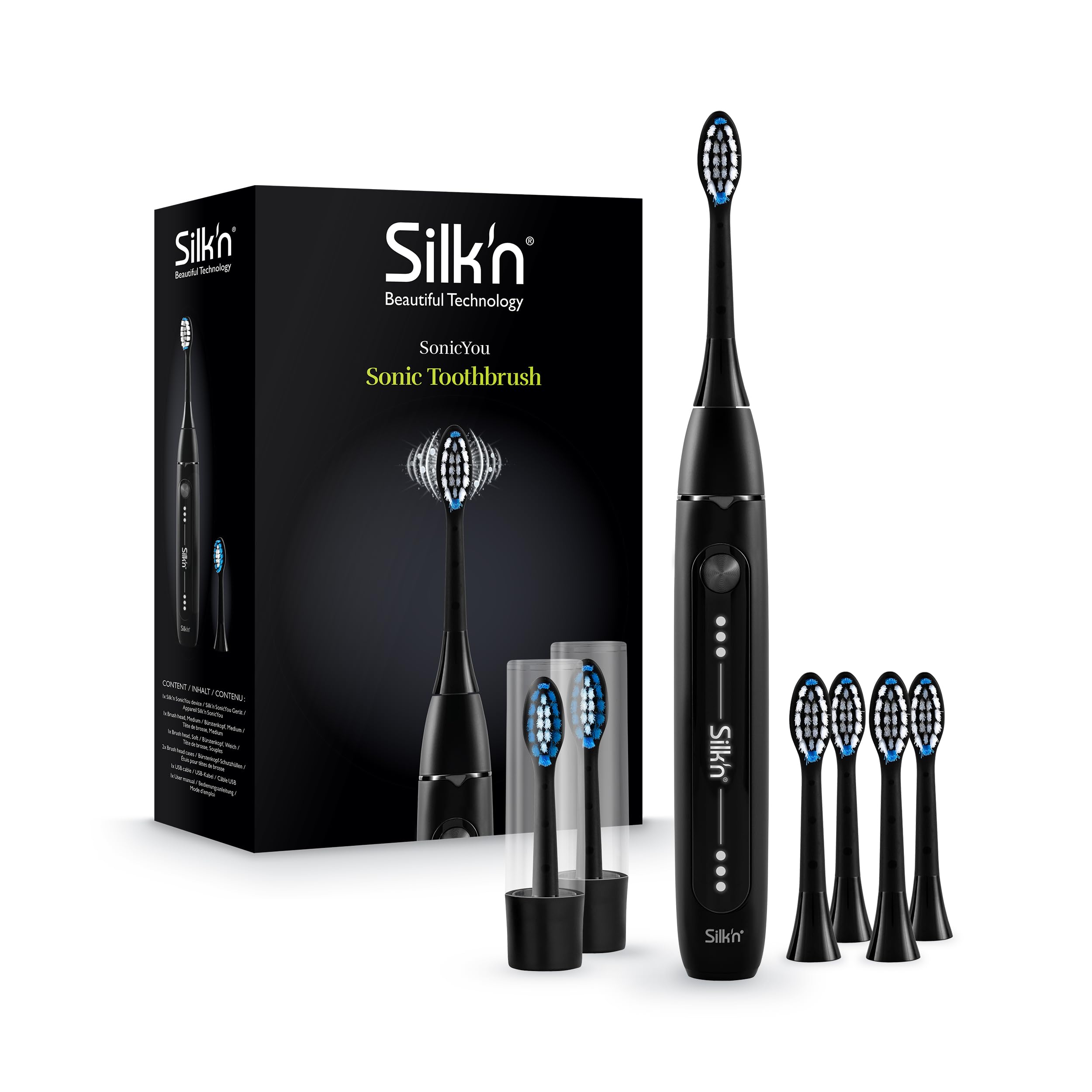 Silk'n Set de cepillo de dientes eléctrico con set de repuesto - SonicYou and Refill Set - con paquete de 4 cabezales de cepillo negros - Idea de regalo - Negro