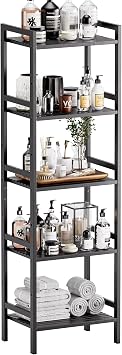 HITNET 5 Tier Narrow Bookshelf, Bamboo Bookcase, Slim Tall Storage Rack Free Standing Shelving Unit with Adjustable Shelves for Living Room Bedroom Bathroom, Black