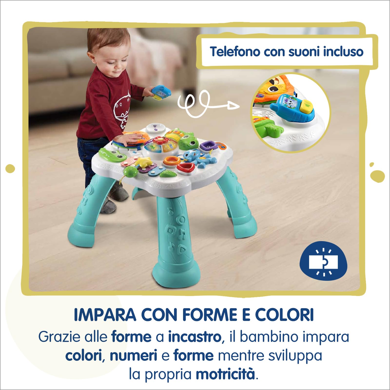 VTech Tavolo MultiAttività - GiocaImpara, Tavolo con Giochi Educativi per Bambini, Giocattolo con Forme e Xilofono, Gioco Interattivo con Tante Attività, Lingua Italiana, Batterie Incluse, 9-36 Mesi