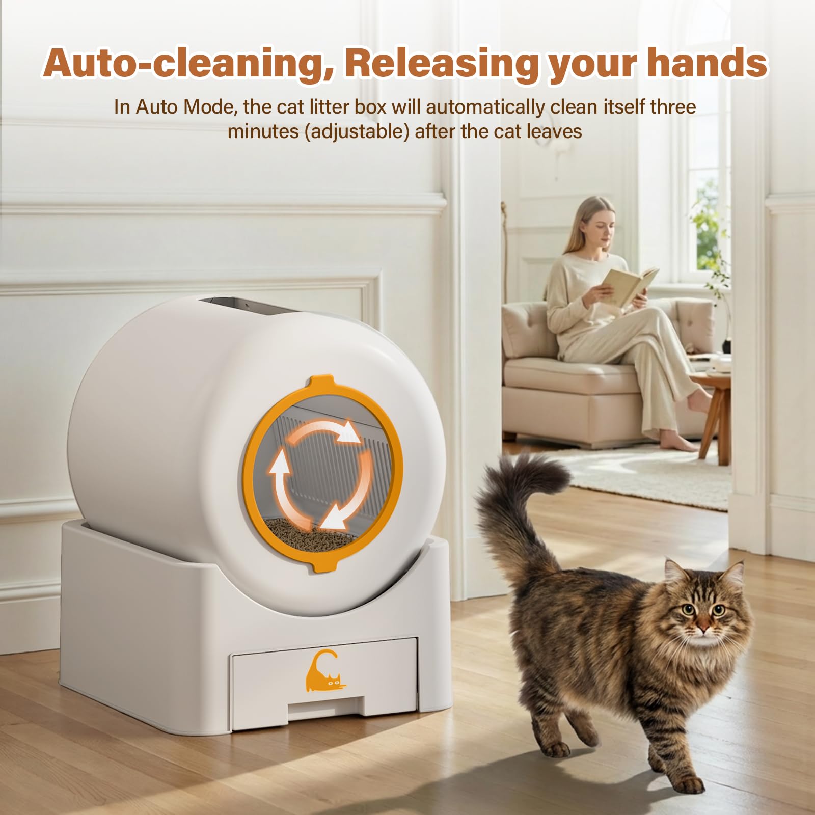 Automatic Self Cleaning Cat Litter Box, 75 L Large Capacity Smart Litter Box with Safety Sensors 1 Roll Trash Bags Included Whisper Quiet Cat Litter Box with App Remote Control for Multi Cats, White - image 4