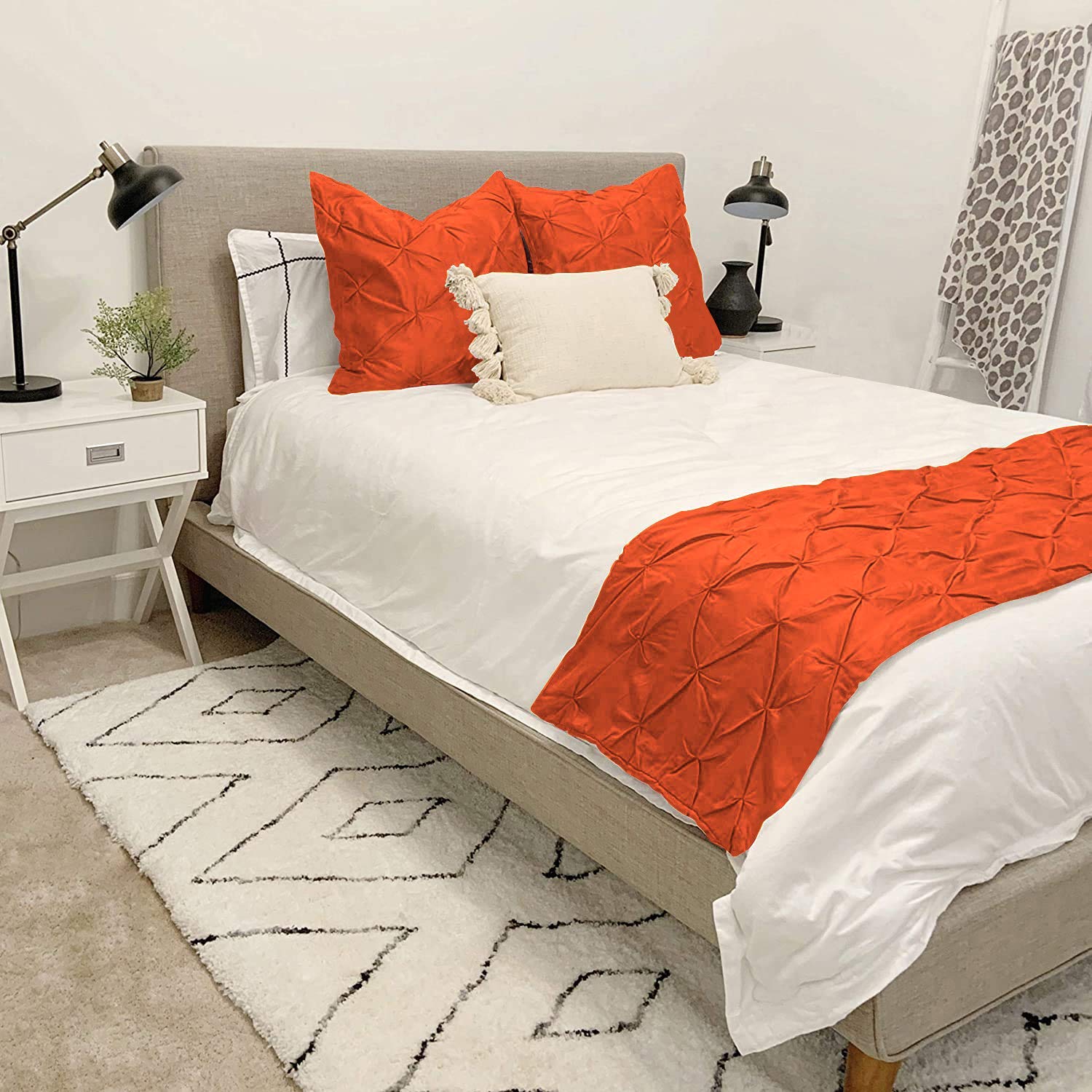 Bed Runners - 100% Cotton 800 Thread Count Pinch Pleated Bed Runner - Luxury Pinch Pleated Bed Runner, Hotel Quality Modern Pinch Pleated Bed Runner King Size, Orange-picture-24