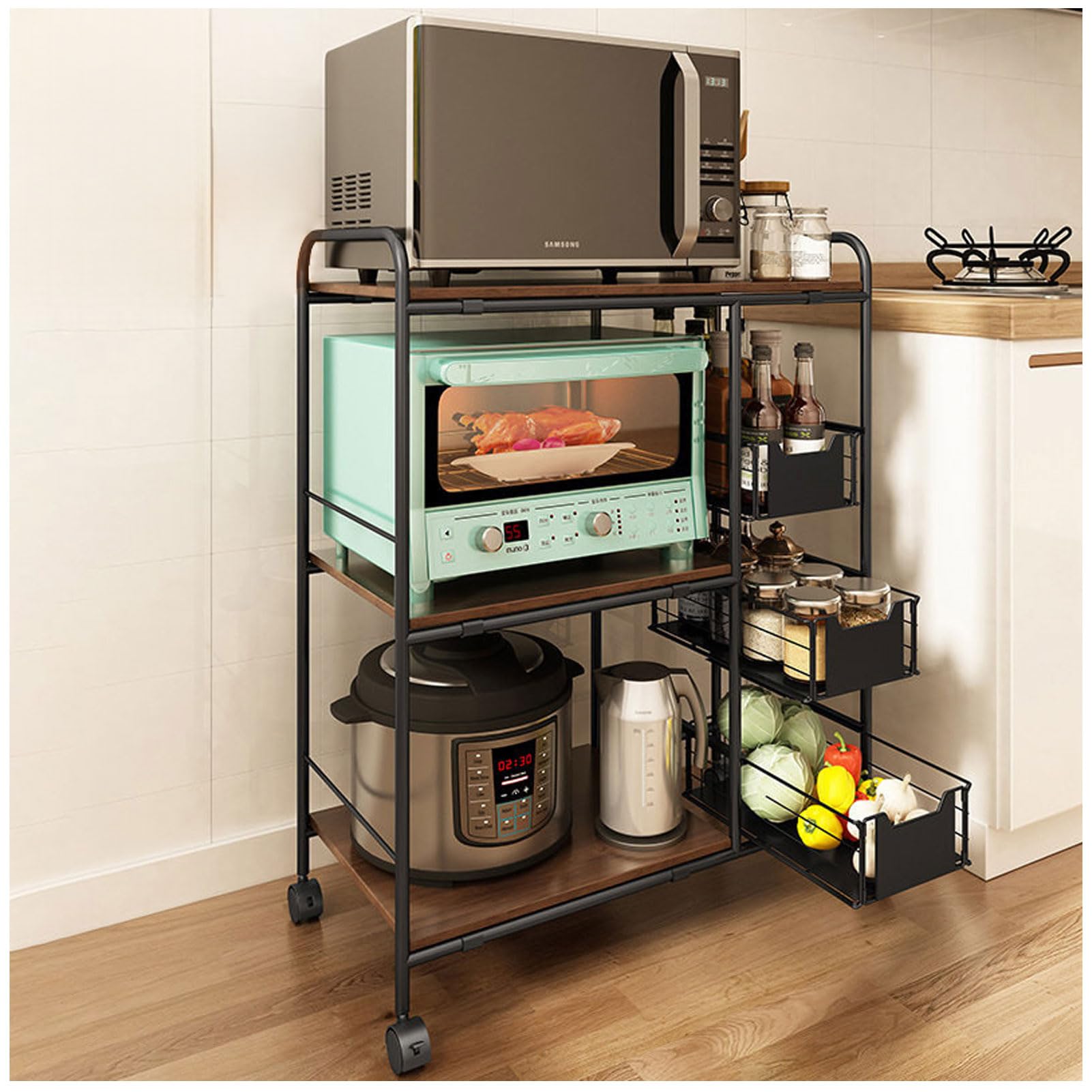 Generisch Küchenregal, Kaffeebar-Küchenschrank mit ausziehbarem Netzkorb, modernes 35-Zoll-Standregal mit 3 Ebenen, Bäckerregal, Esszimmerschränke, Anrichte, Mikrowellenständer mit 360°-Rädern