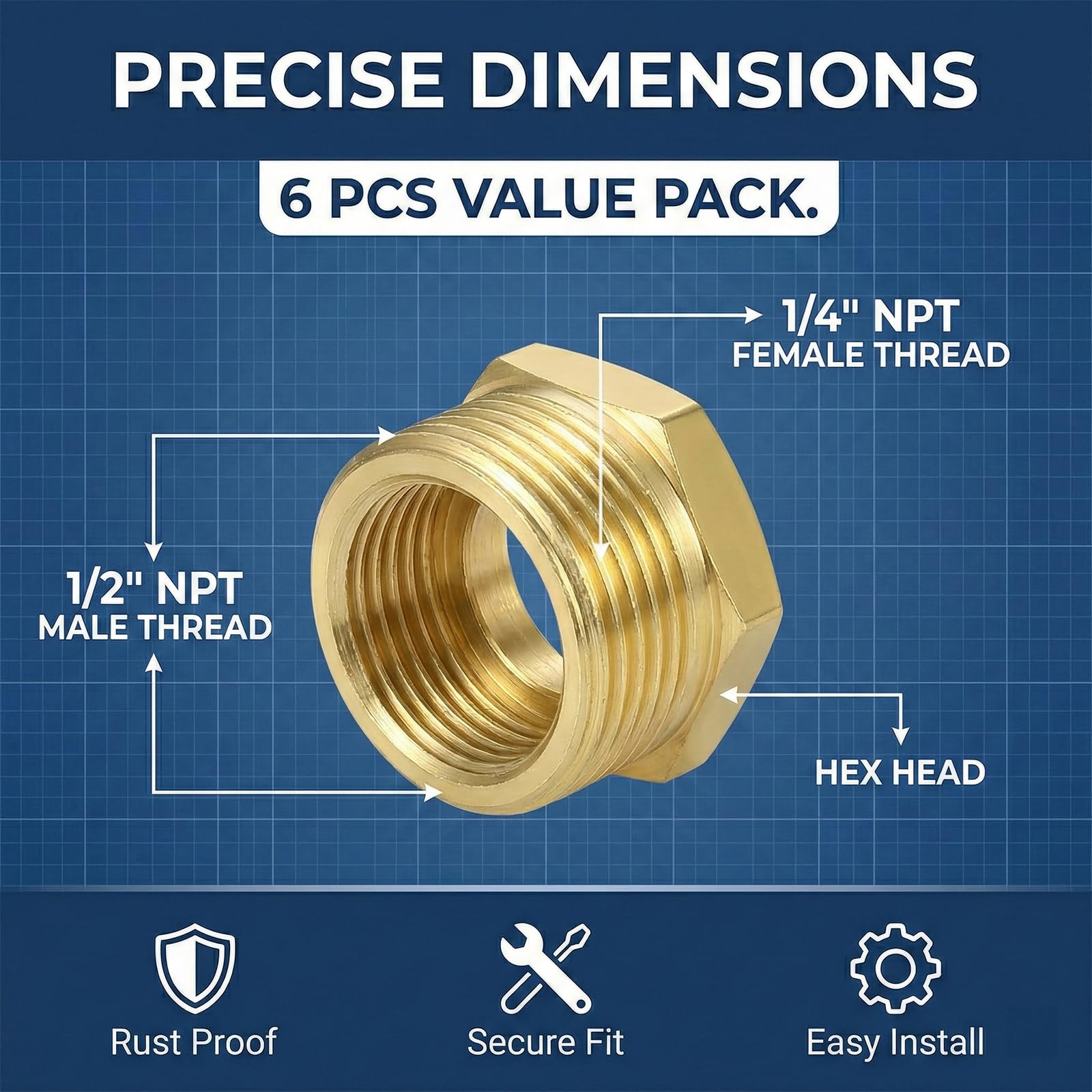 6 Pezzi Riduttore in Ottone Adattatore da 1/2 a 1/4 Pollice (AG Ø 20mm x IG Ø 12mm) Riduttore, Filettatura Maschio a Nipplo Filettato Femmina, Raccordo Filettato per Tubi dell'acqua (1/2" auf 1/4") - 3