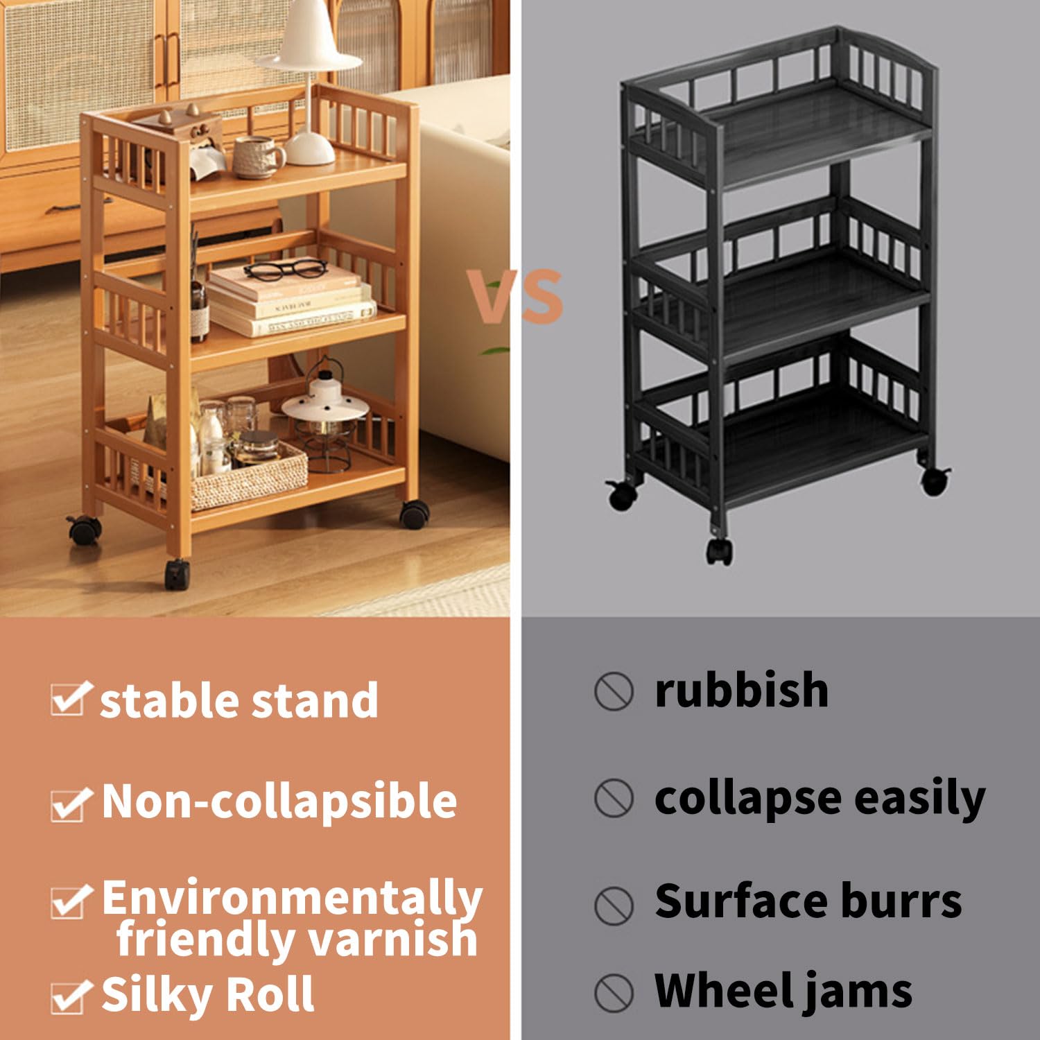 Carro de servir con ruedas, carrito de cocina de madera, 3 estantes, carrito móvil multiusos para cocina, baño, pasillo y balcón, carrito auxiliar para ahorrar espacio
