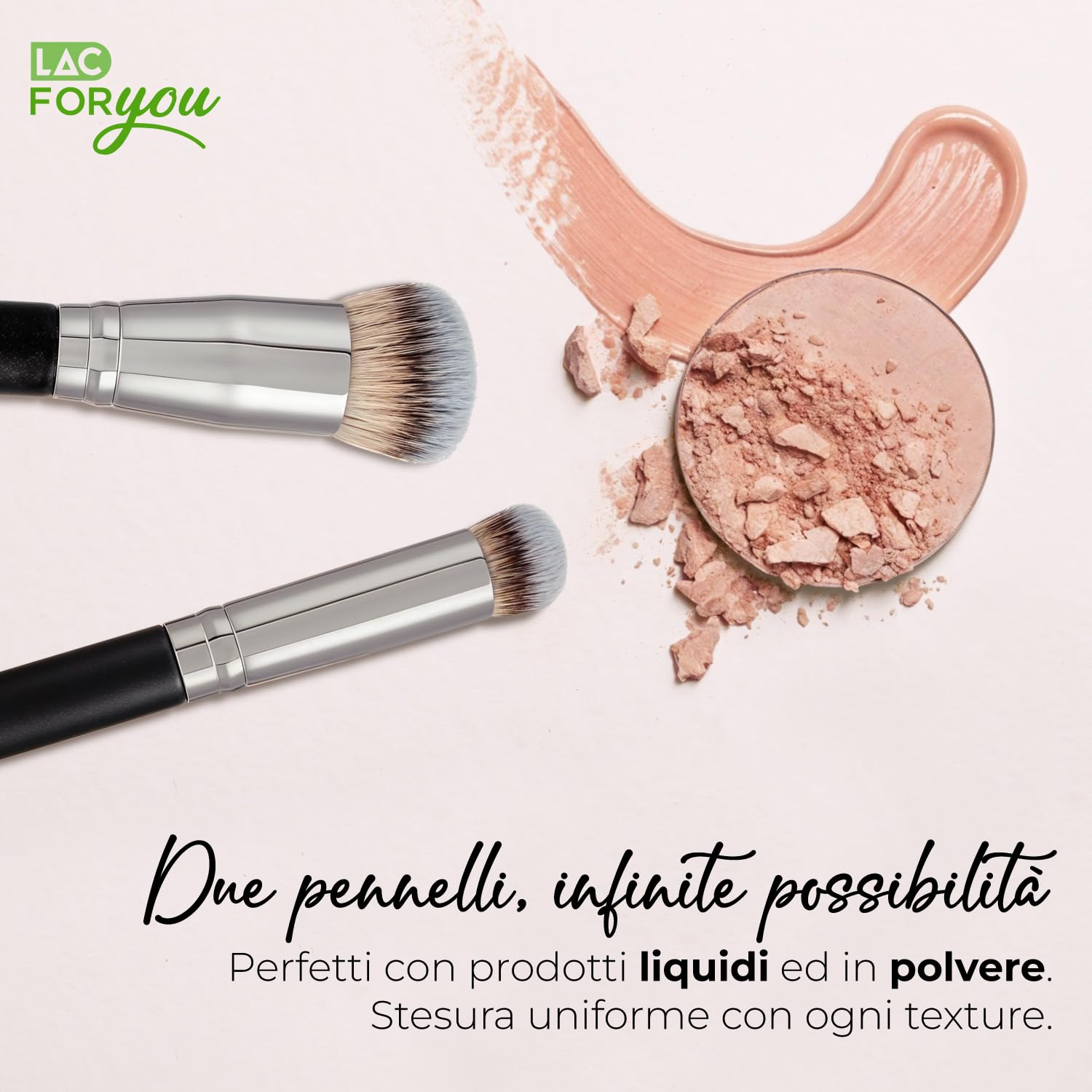 LAC FOR YOU Set 2 Pennelli Fondotinta & Correttore – Pennello Fondotinta Obliquo a Setole Dense e Pennello Correttore Precisione Occhiaie – Manico Cilindrico Ergonomico