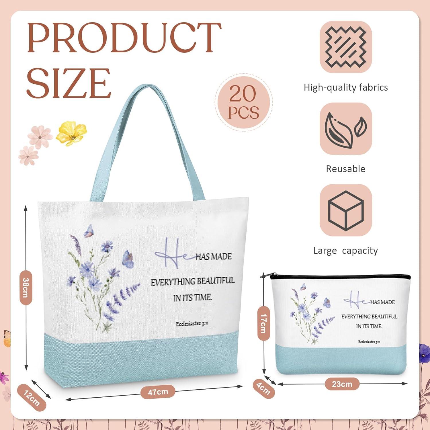 20 Pcs Christian Gift Bible Tote Bags Christian Makeup Pouches Inspirational Bible Verse Cosmetic Bags with Zipper Christmas Religious Gift Flowers Reusable Grocery Religious Party Supplies - Image 4