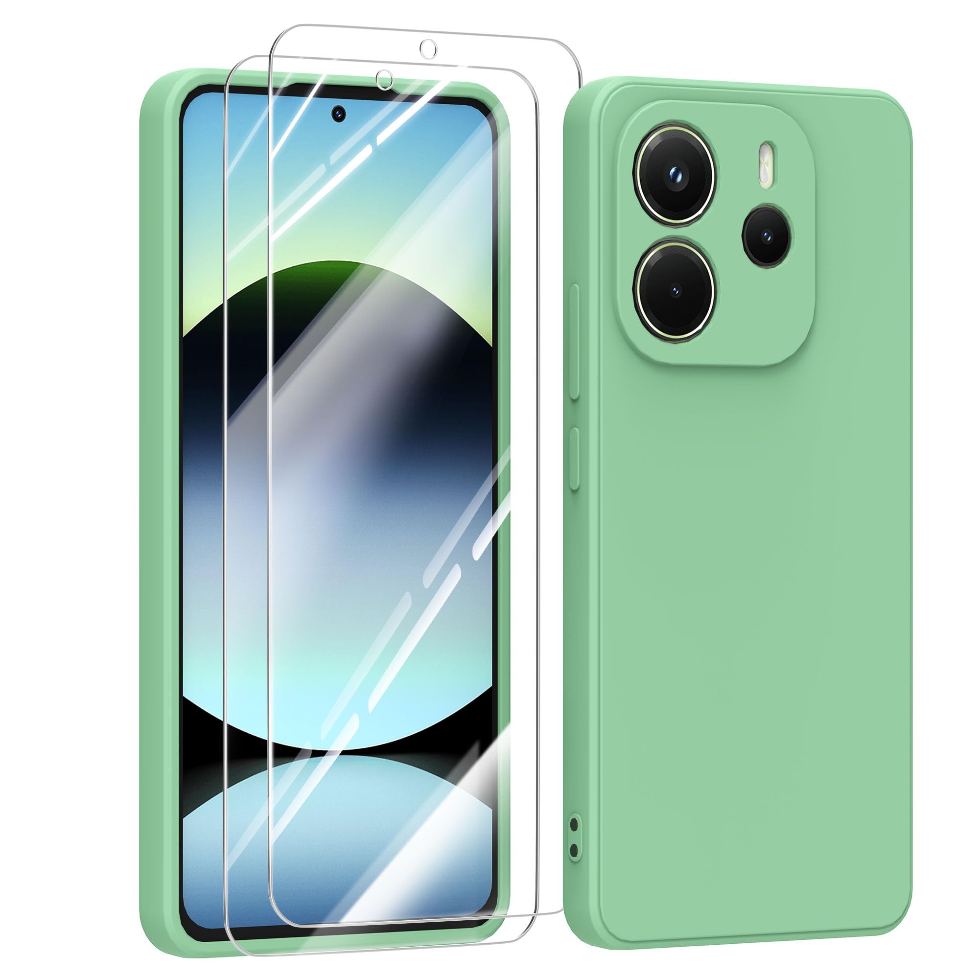MIKULLE Xiaomi Redmi Note 14 4G Phone Case with 2 Tempered Glass Screen Protector,Soft Silicone Anti-Scratch Protective Shockproof Phone Cover for Xiaomi Redmi Note 14 4G Phone Case (Green)