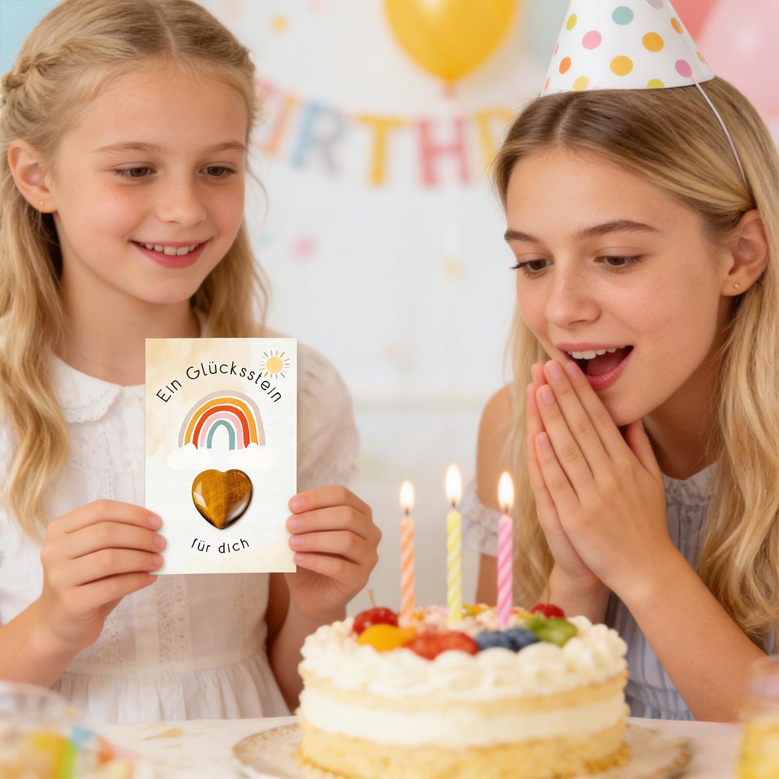 12 Glückssteine Set - Mitgebsel Kindergeburtstag Kleine Geschenke für Kinder mit 12 Herzsteinen & Regenbogenkarten, Mitbringsel für Jungen & Mädchen ab 5 Jahren