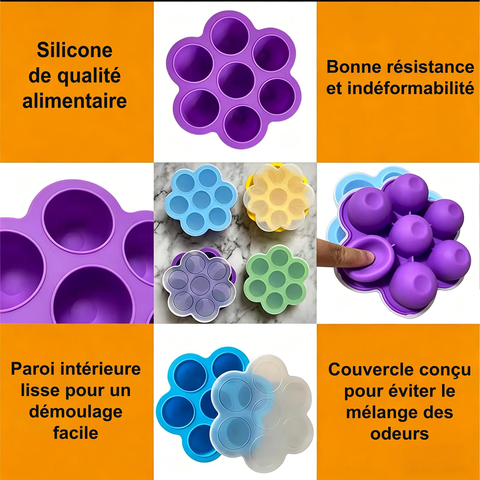 Lot De 2 Bac A Glacons Avec Couvercle, Bac A Glacon Silicone 7 CavitéS, Moules De CongéLation Alimentaire Pour Lait Maternel, PuréEs, Fruits Et GlaçOns. (Vert)