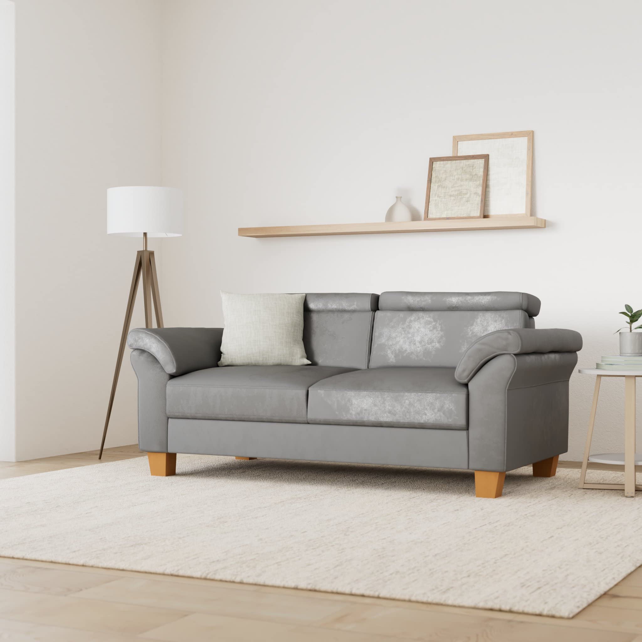 Cavadore 3-Sitzer-Sofa Ammerland / 3er-Couch im Landhausstil mit Federkern + verstellbaren Kopfstützen / 186 x 84 x 93 / Wildlederoptik, Grau