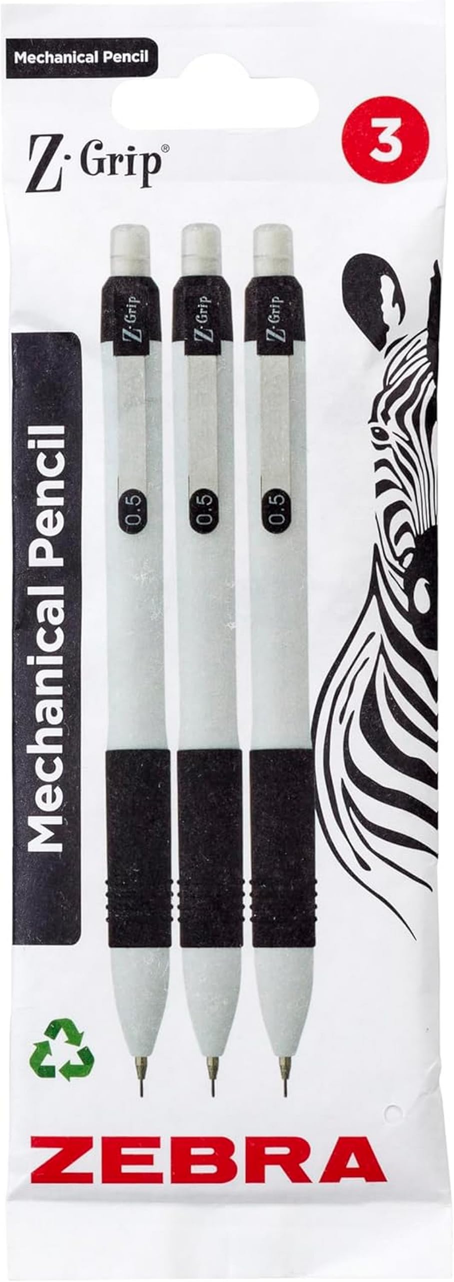 Z-Grip Mechanical Pencils - Fine Tip Refillable, Retractable Pencil with Eraser and Comfort Grip - 0.5mm, White Barrel, 3 Pack