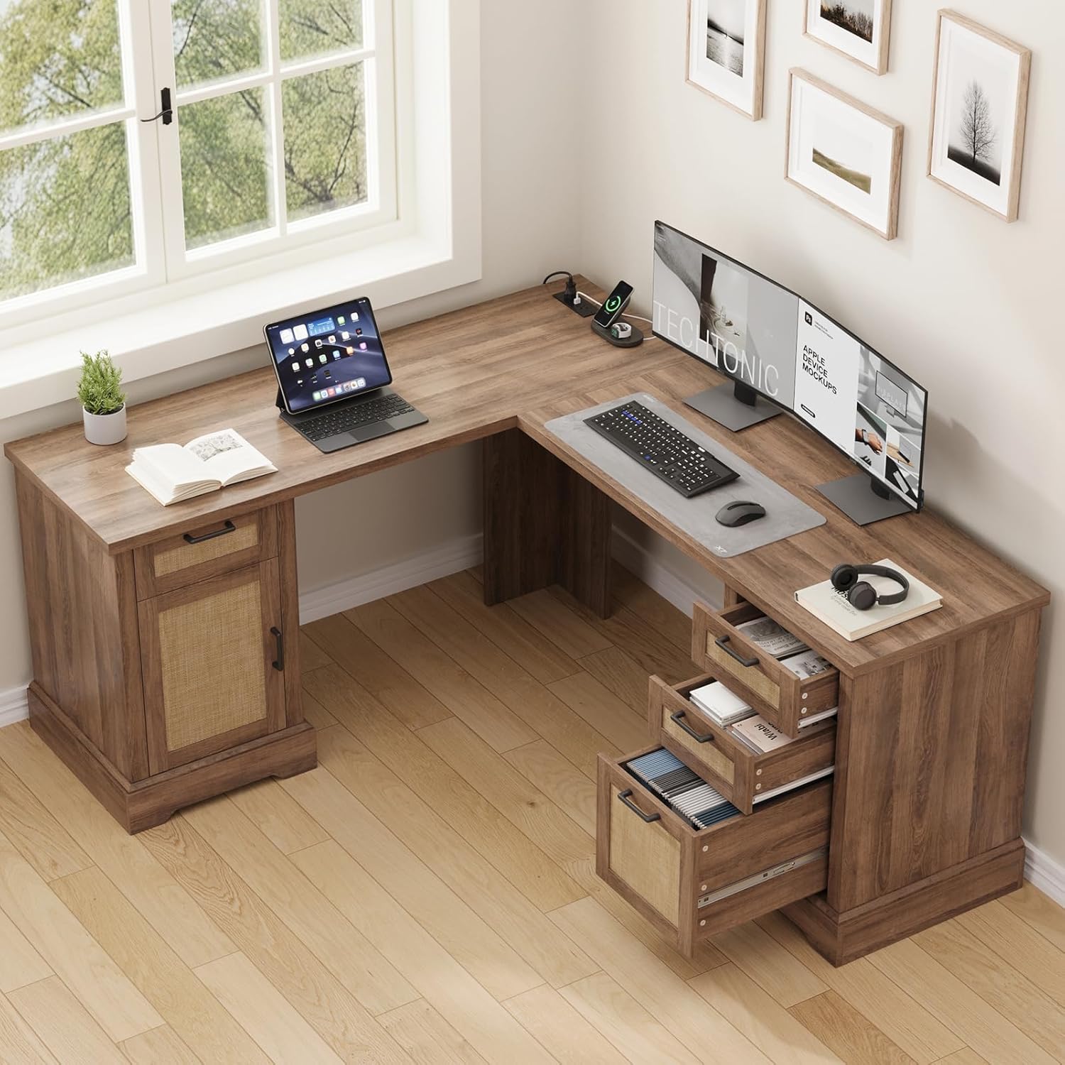 67" L Shaped Desk with 3 Storage Drawers, Farmhouse Corner Computer Desk with Power Outlets, Wood Home Office Desk with File Cabinet Storage, Large Desk for Home Office/Study, Walunt