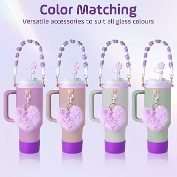 Stanley Cup Accessories Set, 10PCS Stanley Cup Decor Includes Stanley Straw Cover, Water Bottle Handle Strap, Silicone Stanley Cup Boot, Stanley Charms for Stanley Cup Tumbler, Light Purple