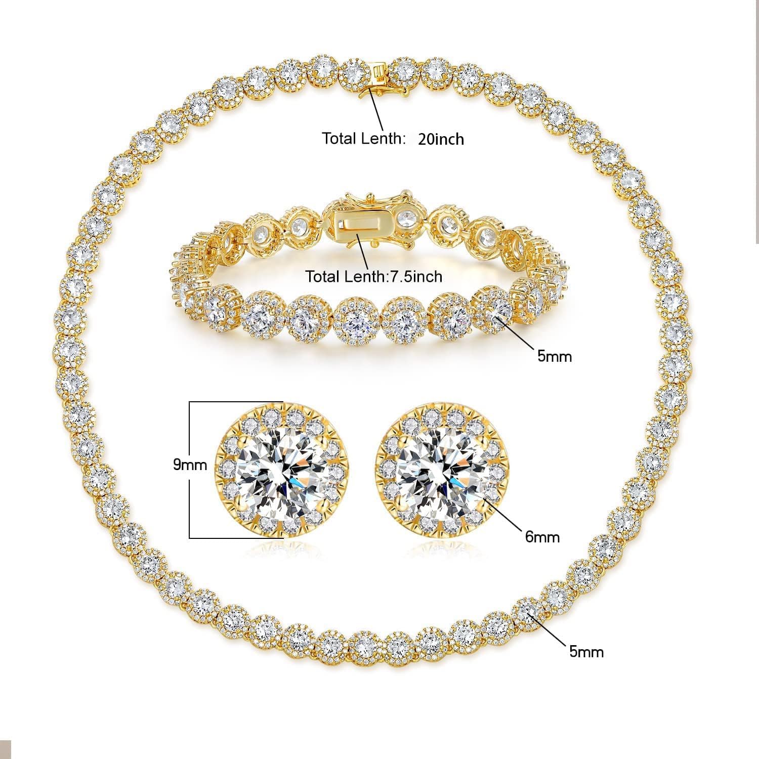 Gemsme 18K White Gold Plated Cubic Zirconia Tennis Necklace Bracelet Earrings for Women for Men Jewelry Set - Image 2