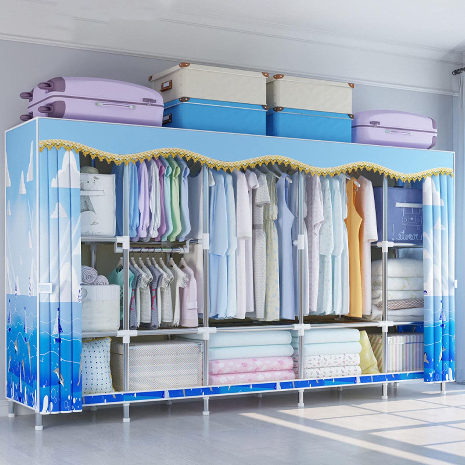 Canvas-Kleiderschrank, tragbarer Kleiderschrank, Aufbewahrungsorganisator für Kleiderschränke mit Kleiderstange, Regalen, Stoffbezug, faltbarer Schrank für Schlafzimmer, Wohnzimmer