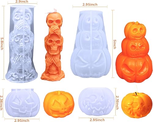 Vista 19 de 2 moldes de silicona para velas de Halloween, bricolaje 3D de calabaza malvada, molde de cera para hacer velas de yeso, adorno de resina, jabón, 2