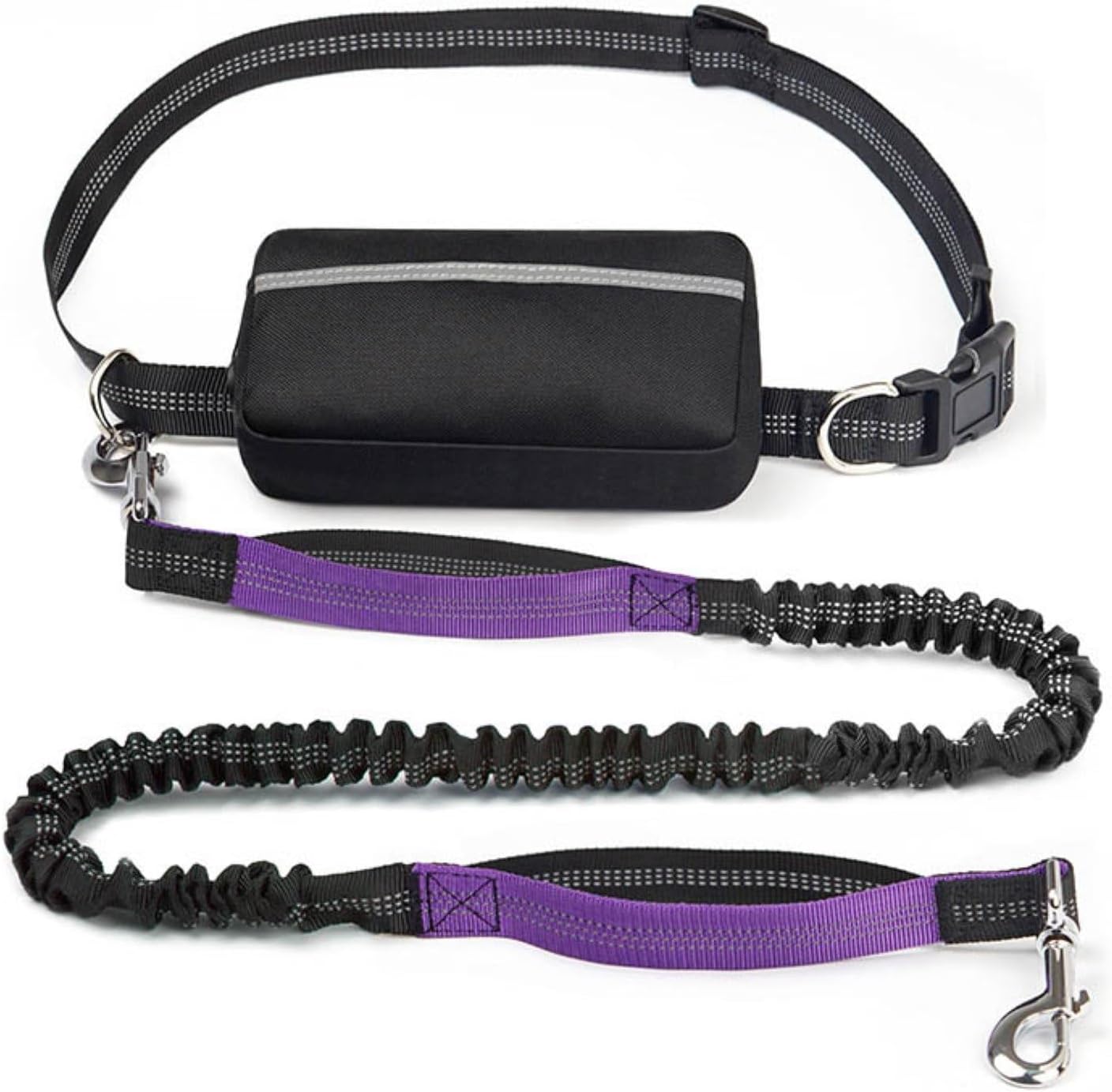Hands Free Dog Leash with Zipper Pouch, Dual Handle Bungee Waist Leash for Walking, Jogging and Running Your Dog(Color:Purple)