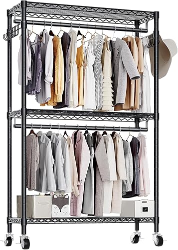 ZERDER Perchero resistente para ropa, 3 niveles con 2 barras para colgar y ganchos laterales, perchero de metal independiente, estantes ajustables,