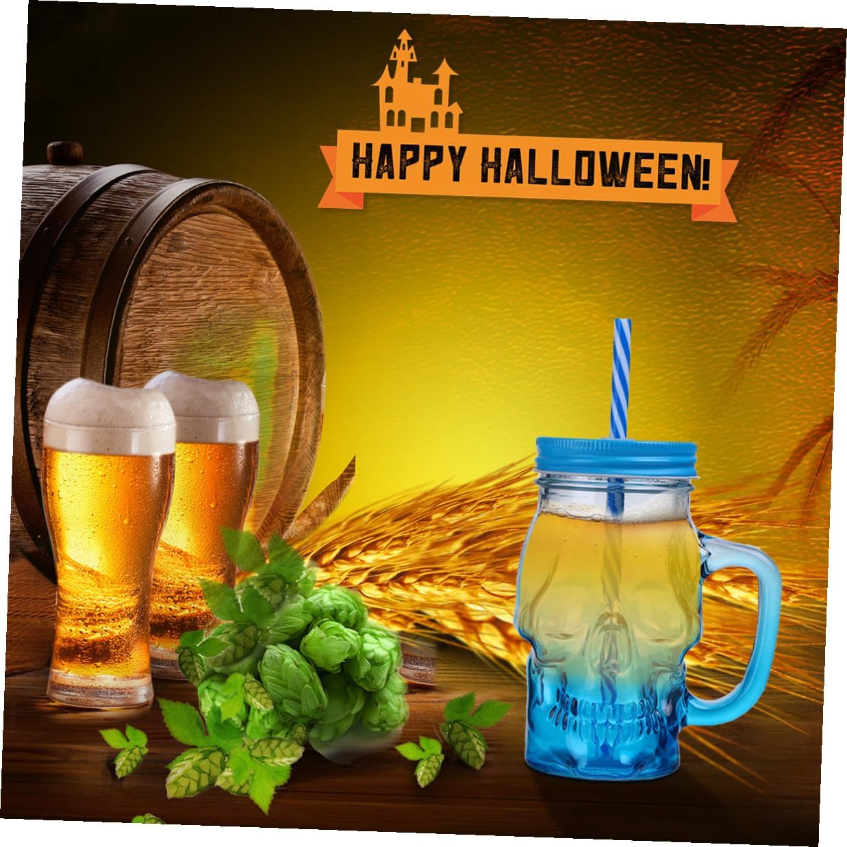 Toyvian Halloween Gradient Blue Skull Glass Beer Mug 500ml with Handle, 2pcs Set Party Skull Glassware for Halloween Drinks and Beverage Serving Random Color