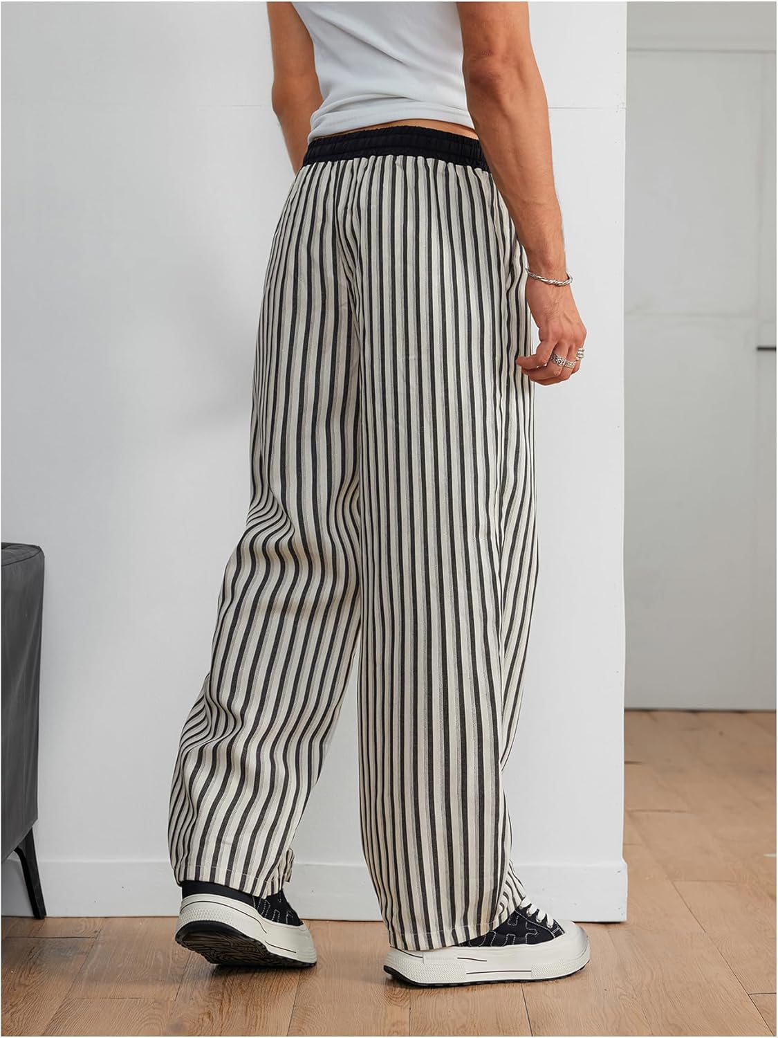 SHENHE Men's Striped Wide Leg Pants Drawstring Elastic Waist Casual Loose Fit Trousers - Image 4