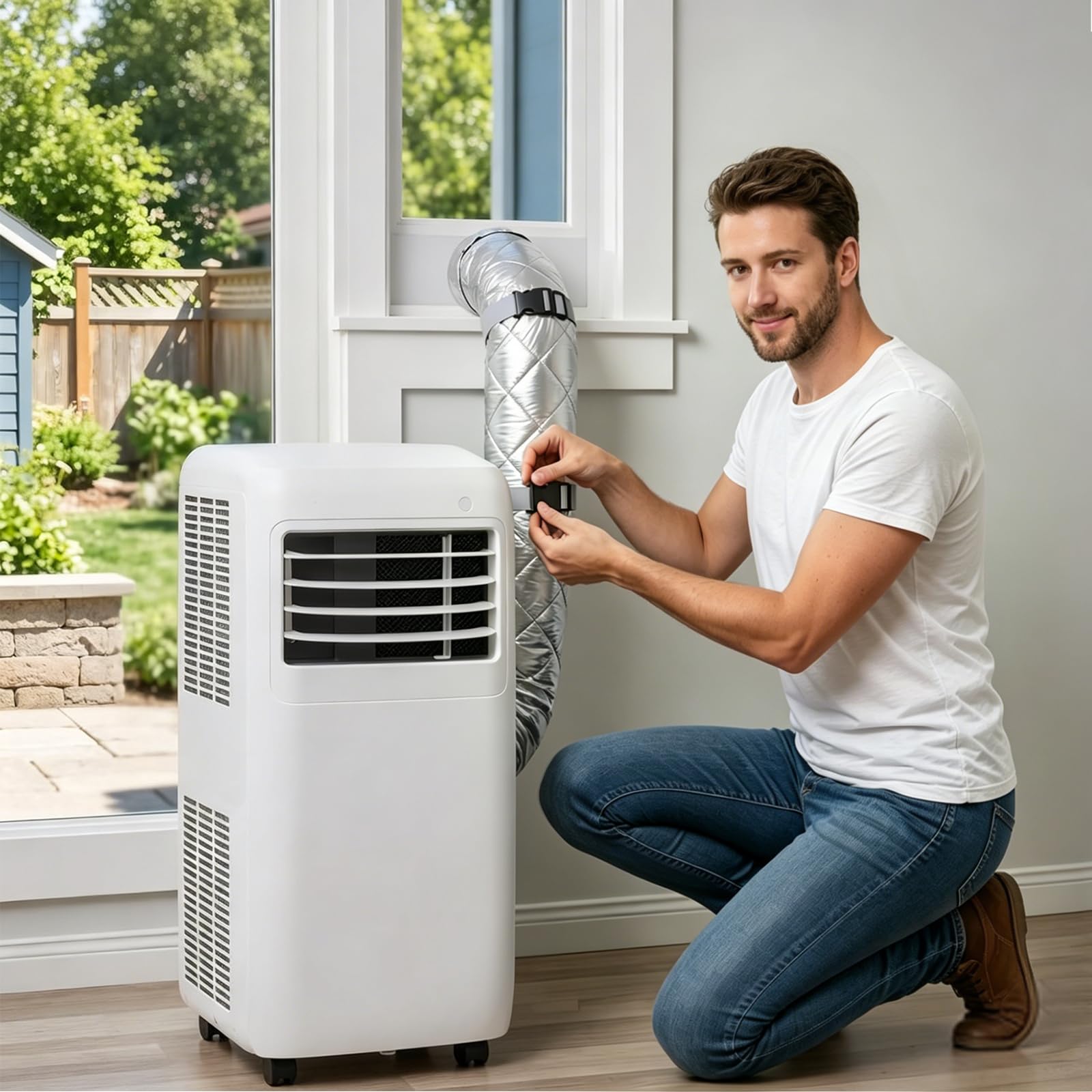 2 Stück 150x58CM Klimaanlage Abluftschlauch Isolierung für Ø15CM Abluftschläuche, Gesteppte Klimaschlauch Abdeckung für Mobile Klimageräte mit Klettverschluss und Verstellbaren Gurten(Silber, 2 Set)