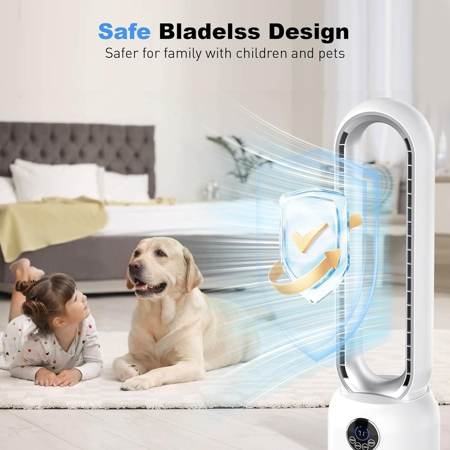 Bladeless Tower Fan for Bedroom, Powerful 26ft/s Airflow, 24 Speeds, 90° Oscillation, 12H Timer, Standing Fans with Remote, Quiet Bladeless Cooling Fan for Home Office Room, White Silver