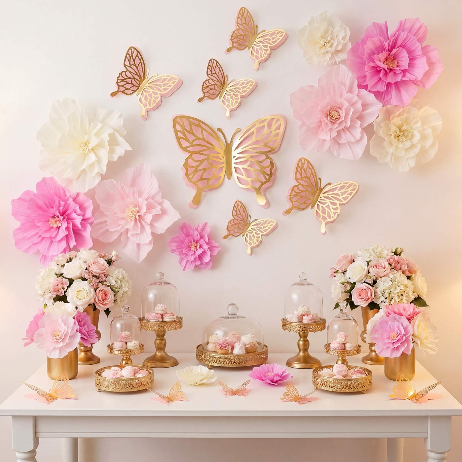 Honoson 22 Pcs 3 Sizes Large Butterfly Party Decorations 3D Giant Pastel Flowers Decors 2 Layer Paper Butterfly 12" 10" 8" Paper Flowers for Birthday Party Wedding Baby Shower Spring(Gold, Pink)