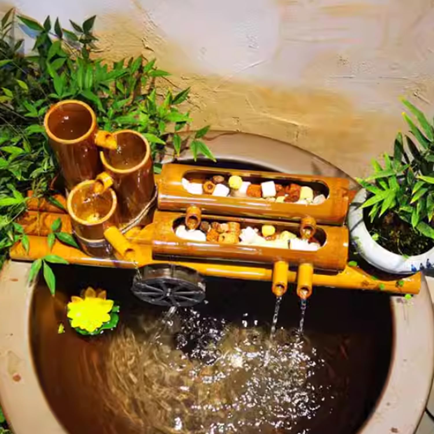 Zen Garden Water Fountain, Japanese Bamboo Water Fountain Kit with Pump, Hidden Water Inlet, Suitable for Indoor and Outdoor Use,40cm,Creativity,60cm