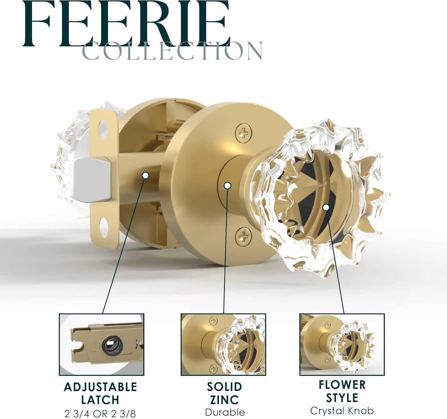 Mega Handles Feerie Crystal Door Knobs - 1 Pack Reversible Passage Door Knobs, Heavy Duty Passage Gold Door Knob for Closet & Hallway, No Lock, Fits All Standard Door Sizes - Satin Brass