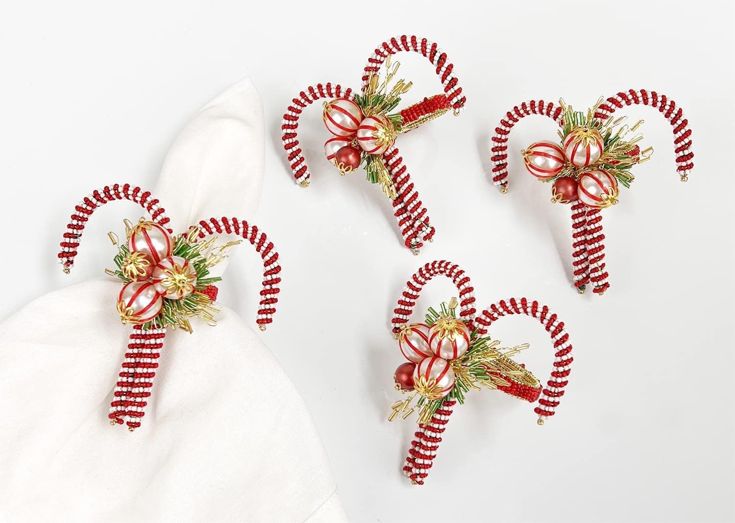 Fennco Styles Hand Beaded Candy Cane Christmas Napkin Rings, Set of 4 - Red & White Glass Beads Napkin Holders for Dining Table Décor, Banquets, Family Gatherings, Winter Holidays, Special Occasions