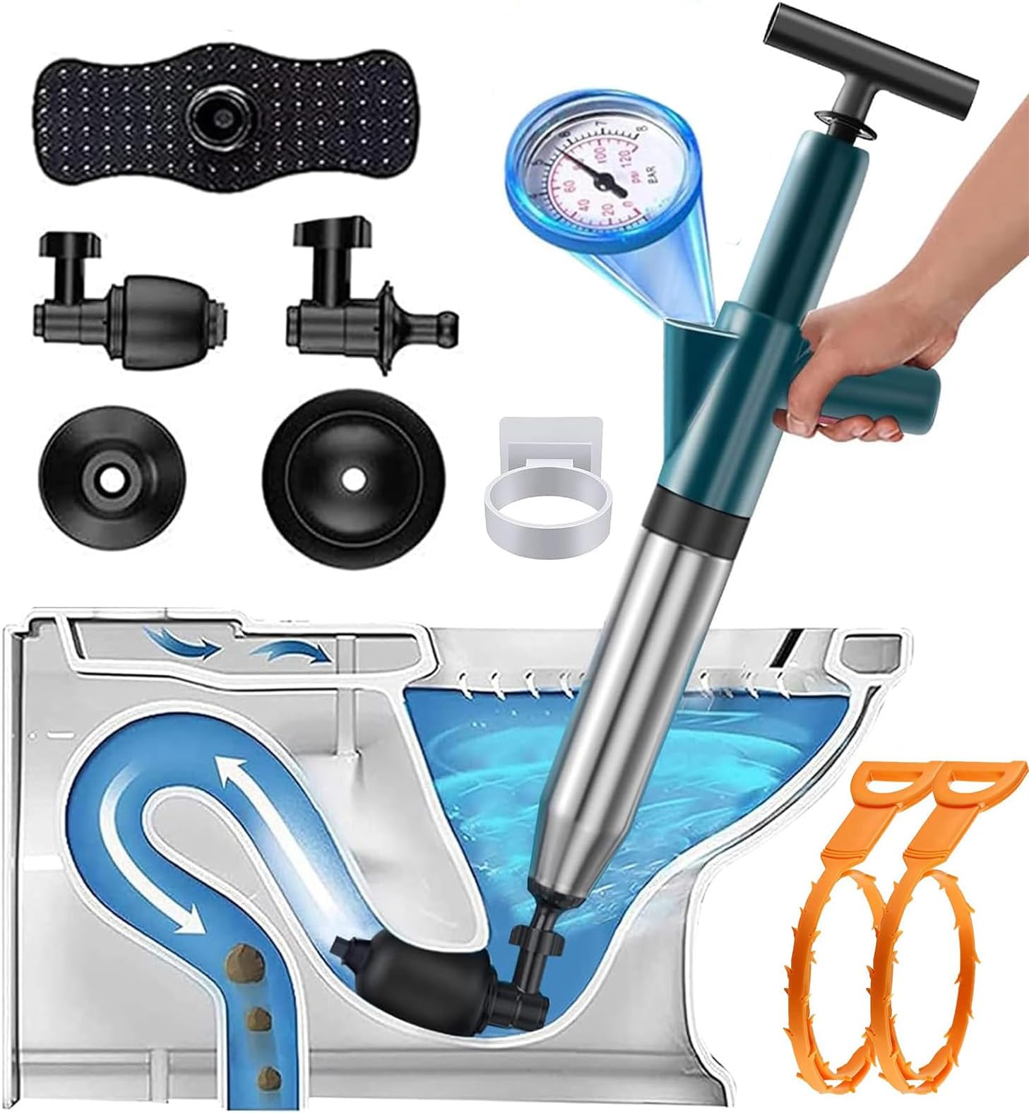 Pompa Stura Scarichi A Pressione 4 In 1 - Per WC, Lavello, Vasca E Scarichi A Pavimento - Foto 6