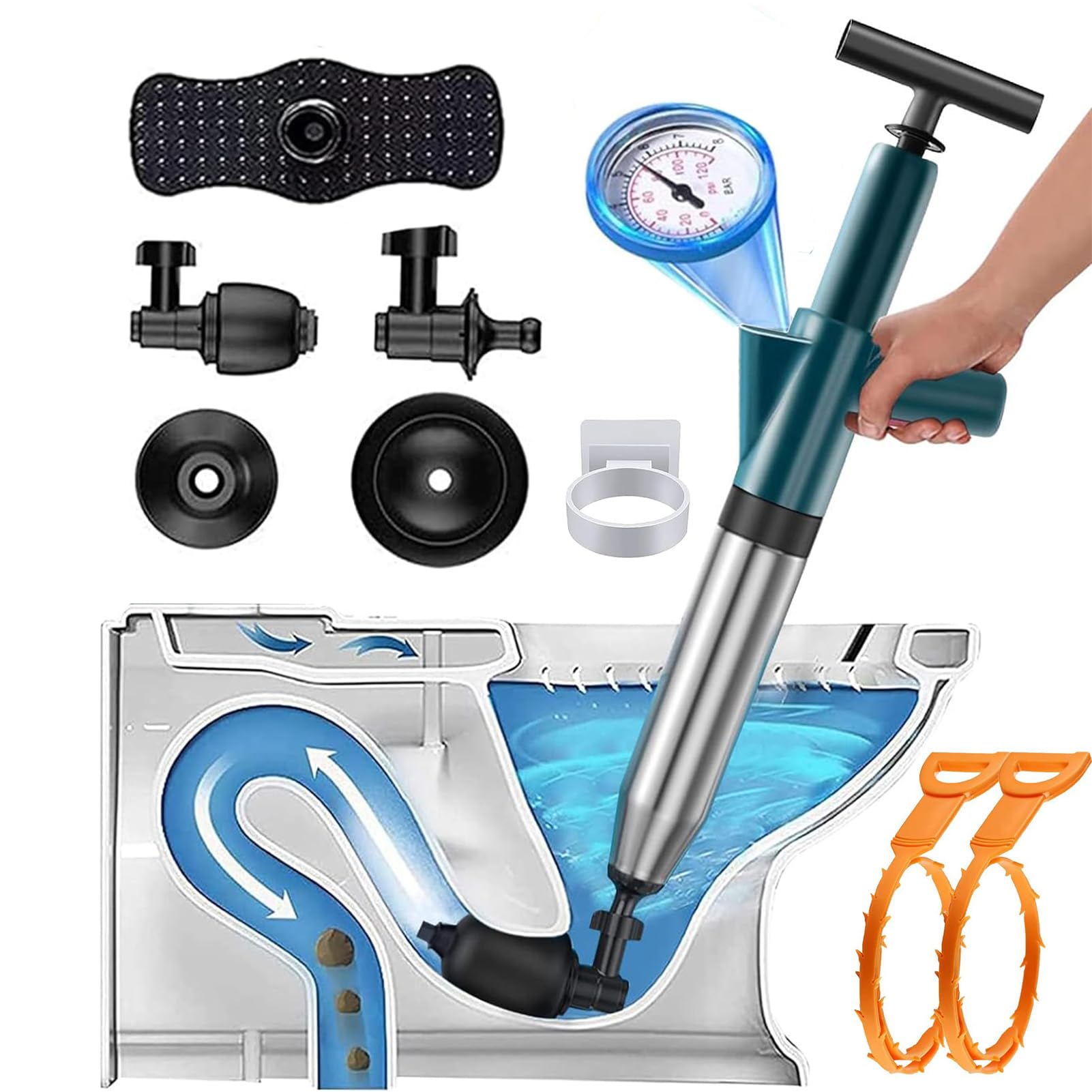 Pompa Stura Scarichi A Aria Compressa - Ventosa Per WC, Lavandini, Docce Con 4 Testine - Foto 9