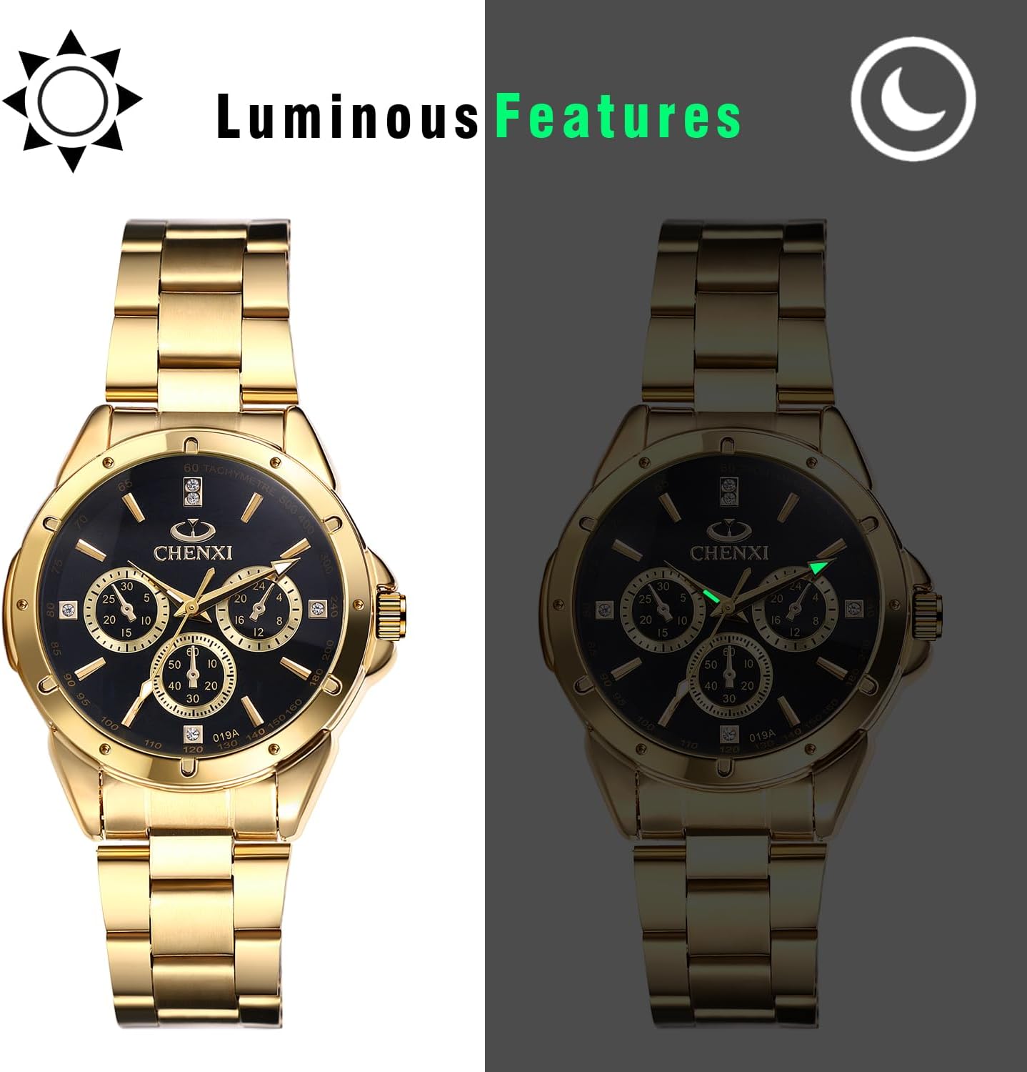 JewelryWe Quartz Rhinestone Waterproof Watch: Women's Stainless Steel Big Face Gold Black Easy to Read Analog Quartz Watch Luxury Dress Watch for Valentine's Day