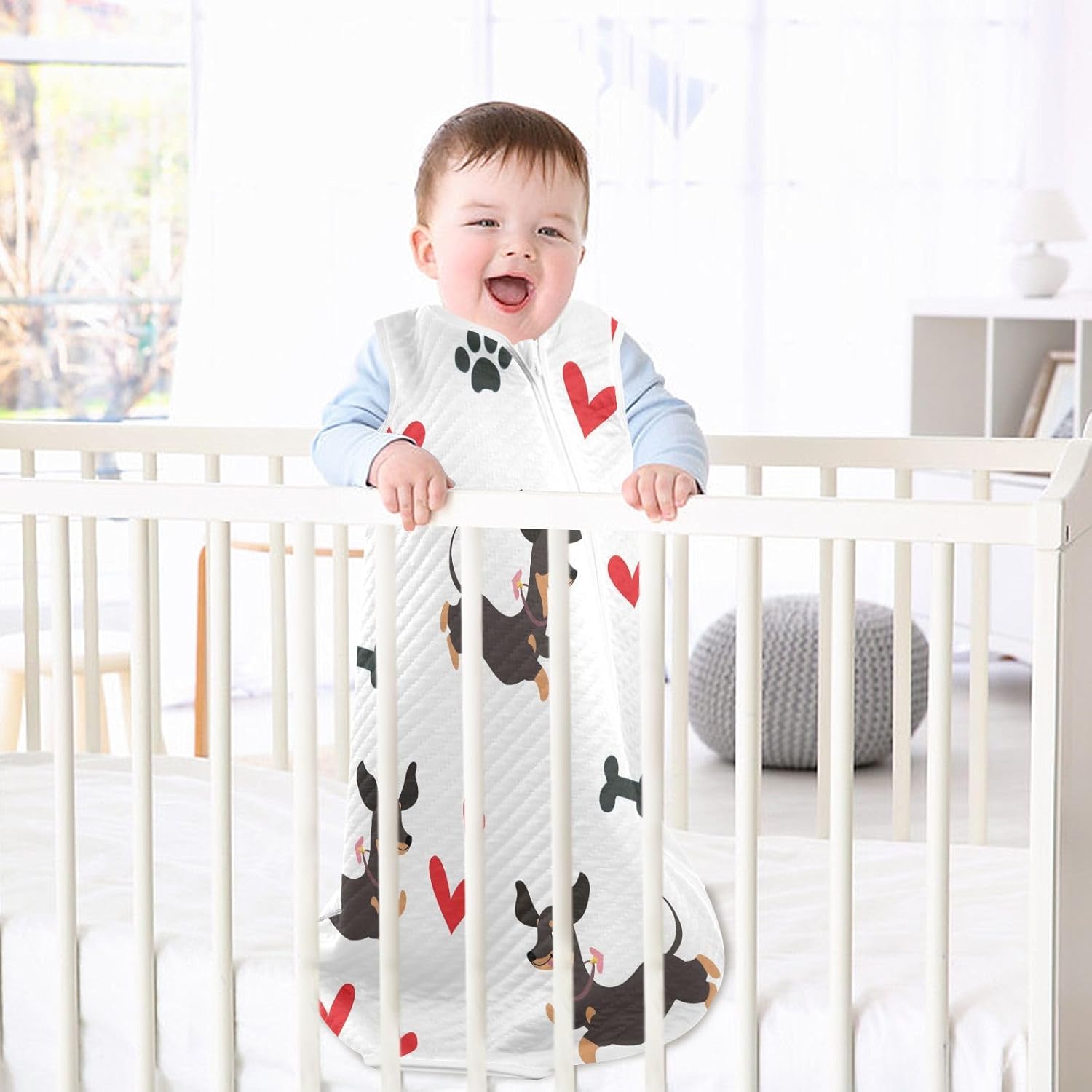 vvfelixl Dachshund Dog Running White Baby Wearable Blanket,Swaddle Transition Sleeping Bag for Infant,Sleep Sack for Newborn Babies,Sleep Suit for Toddler 6-12 Months