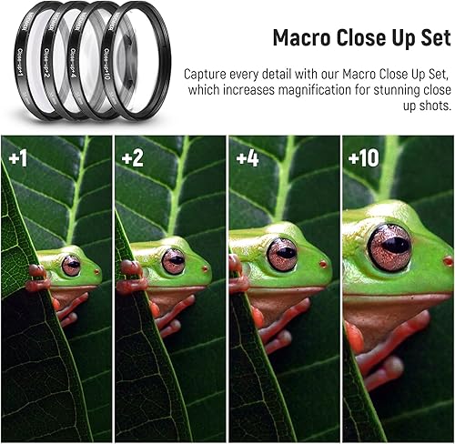 Miniatura 5 de NEEWER Kit de filtro NDCPLUVFLDClose Up de 2.165 in con ND248, filtros de primer plano (+1+2+4+10), tulipán y capotas plegables para lentes, tapa de