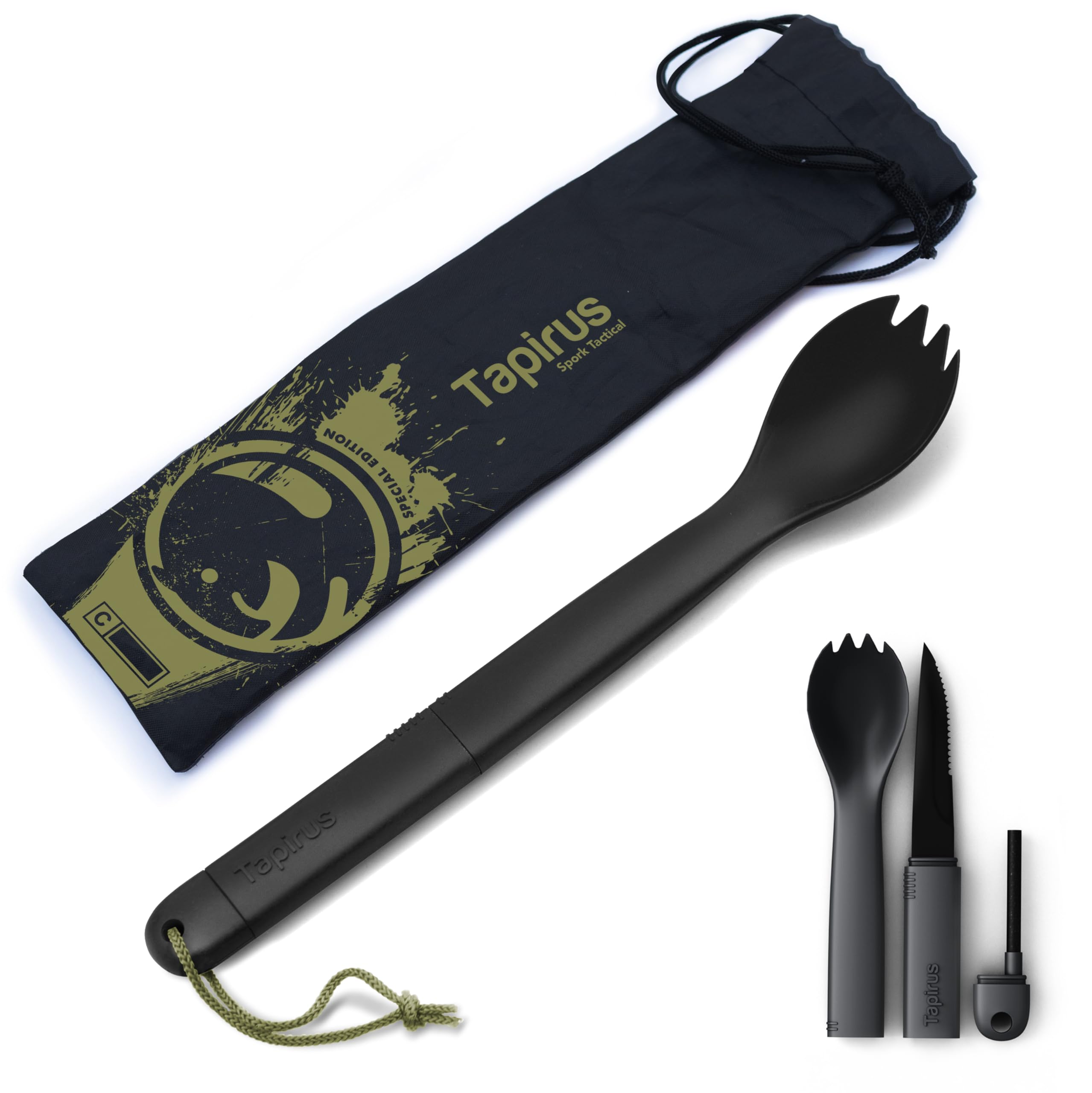 Tapirus Spork Tactical Special Edition Black | BPA Free Spoon Fork, Stainless Steel Knife and Fire Starter | 3 in 1 multipurpose utensil | Outdoor hiking, camping & backpacking gear | Fit for MRE