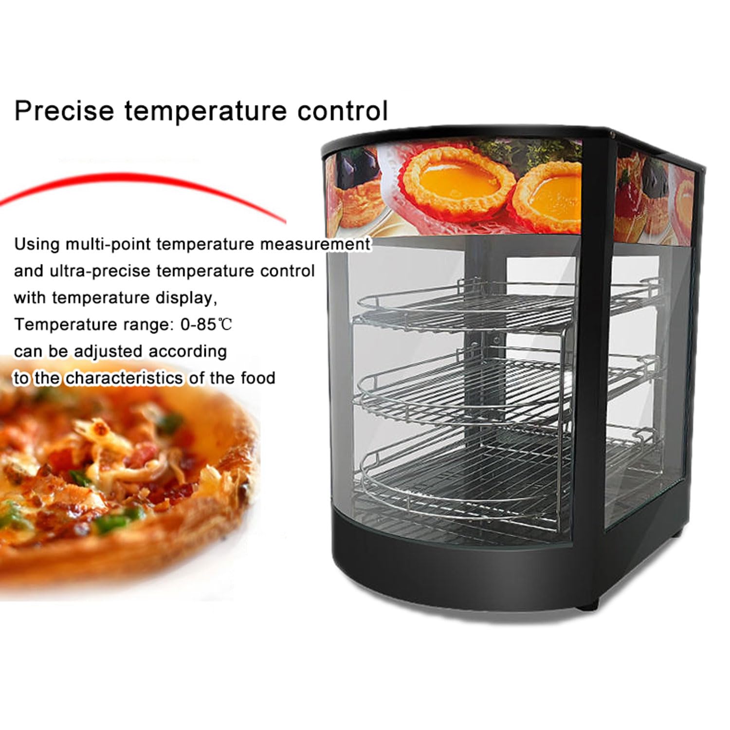 Calentador De Alimentos Comercial, Vitrina Eléctrica para Encimera De Alimentos, Gabinete para Tartas De Huevo De 800 W Y 3 Capas, Conservante De Alimentos para Pizza, Tartas, Hamburguesas