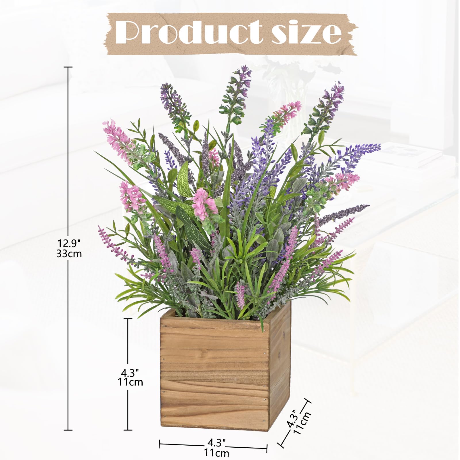 Briful Artificial Lavender in Wooden Pot, Silk Flowers Flocked Plants - Image 2