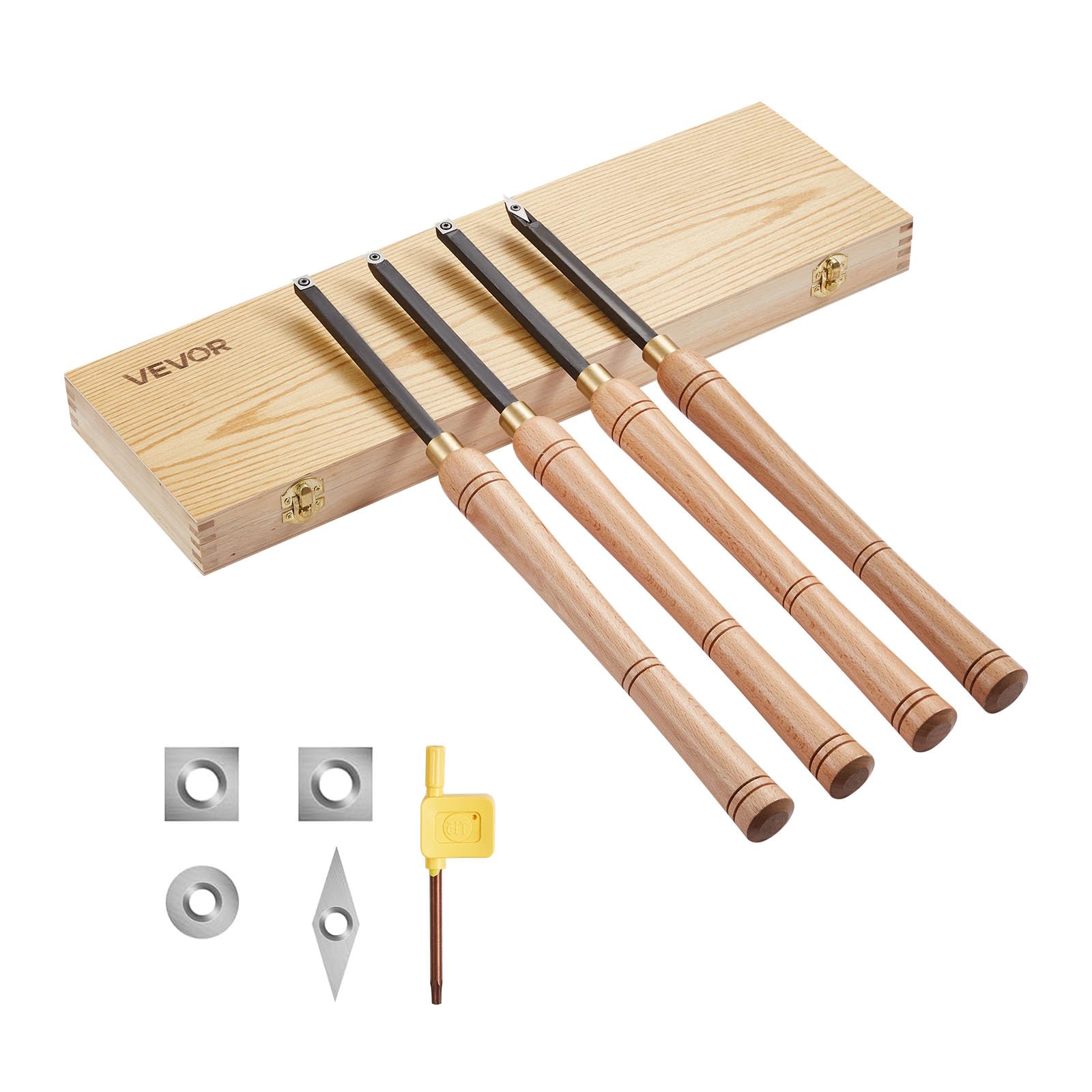 VEVOR Outils Tournage pour Tour à Bois, 4 PCS, Ciseaux à Bois avec Fraises en Carbure Ronds et Carrés Diamantés, Coffret de Rangement, Manche Confortable pour Travail de Détail, Débutant, Amateur, Pro