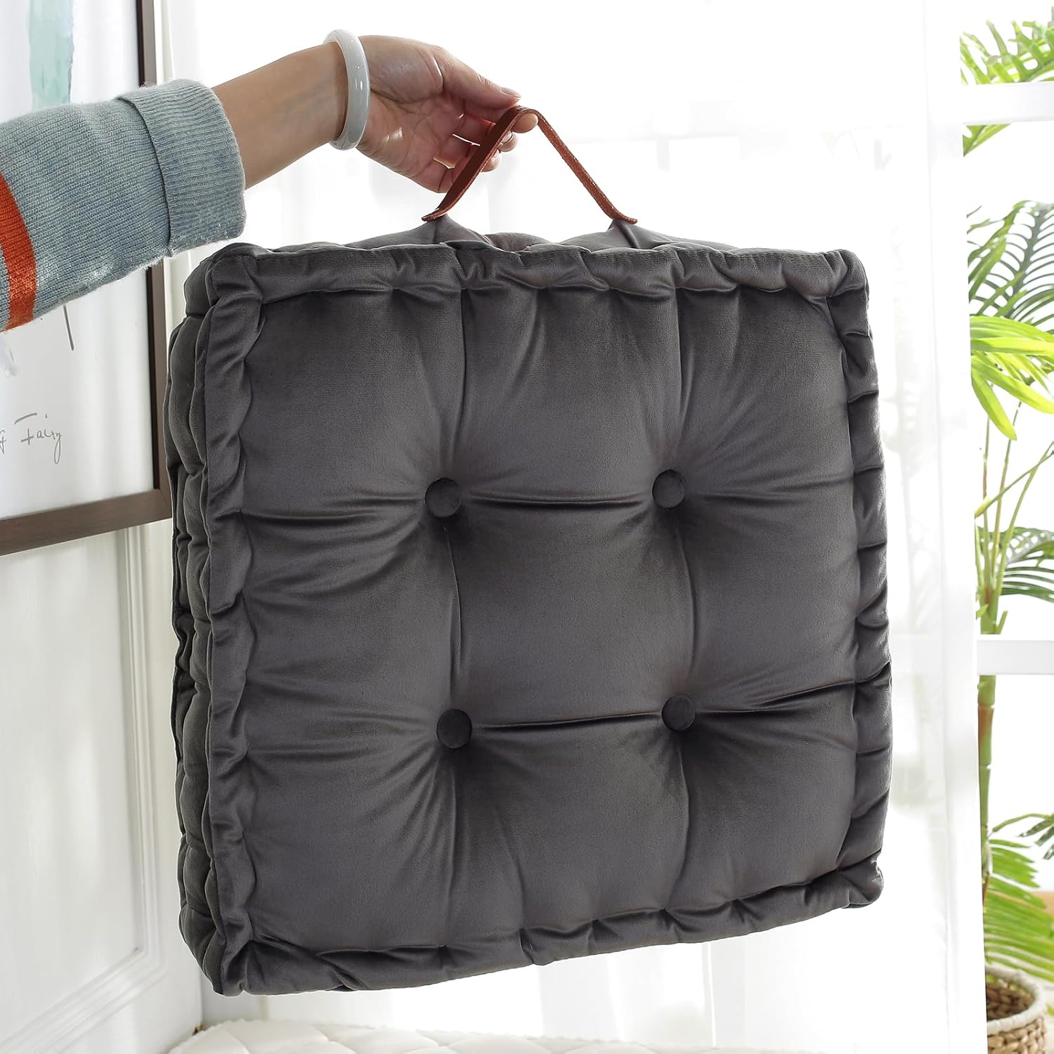vctops Square Solid Color Velvet Seat Cushion with Handle Tufted Thicken Chair Pad Tatami Floor Pillow Cushion 16.5"x16.5"x4" Grey