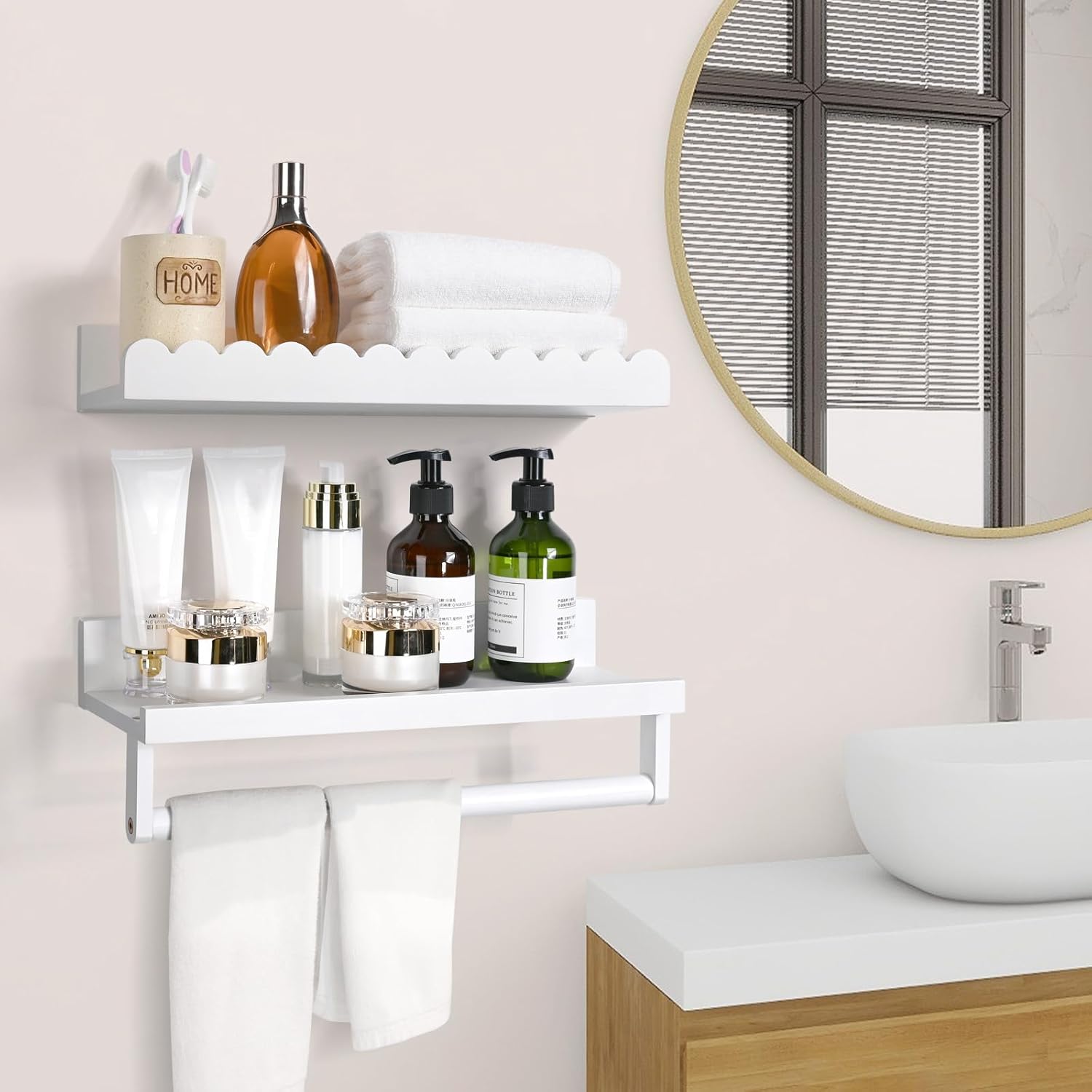 Ollieroo Set of Four Floating Book Shelves for Wall, Nursery Book Shelf for Kids Room, Bamboo Wood Hanging Bookshelf for Baby Teen Boys Girls, Wall Mounted Shelves for Bedroom Bathroom Decor(Wavy)