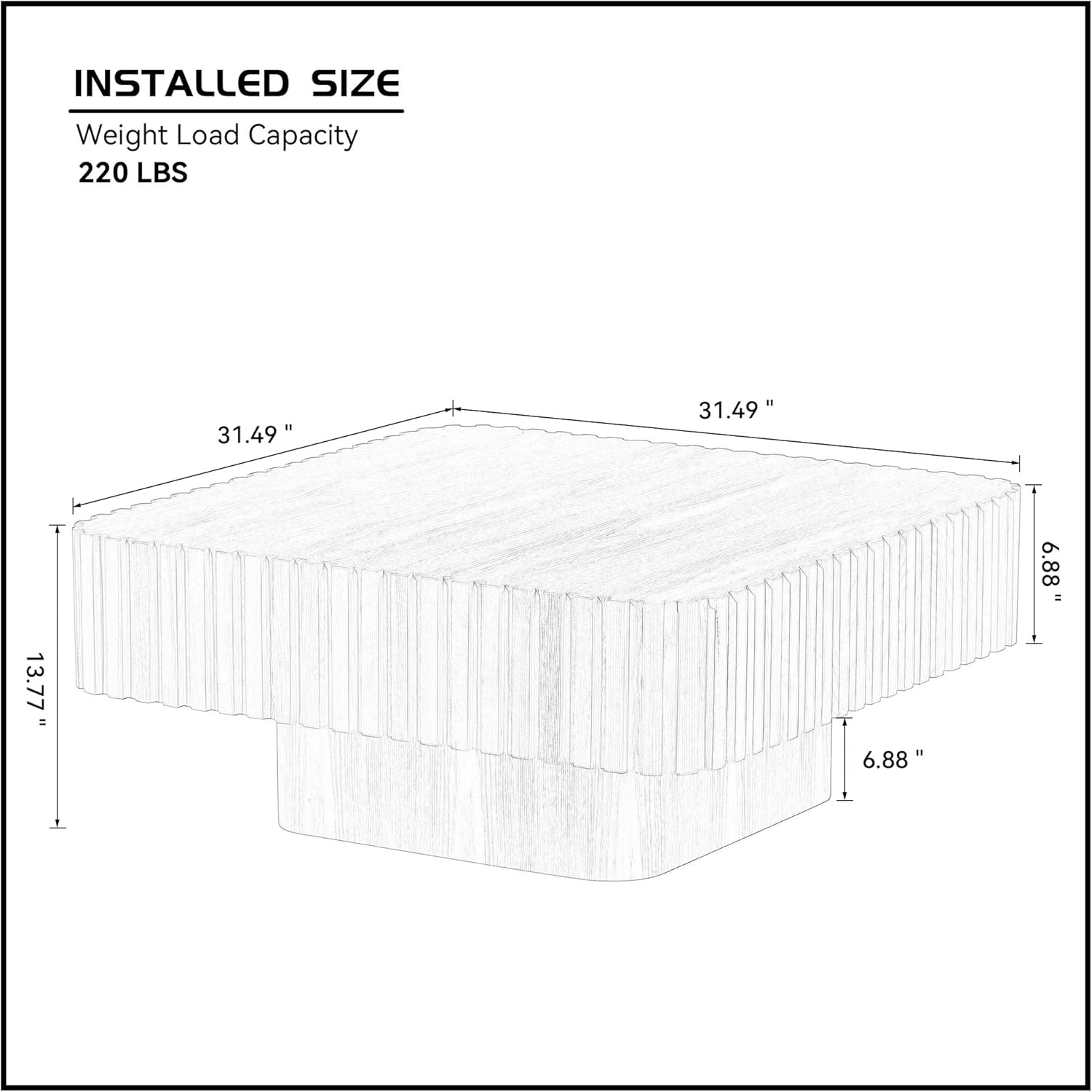 Black Square Coffee Table for Living Room Fluted Coffee Table 31.5'' Solid Wood Center Tables with Pedestal Accent Tables for Small Space Apartment