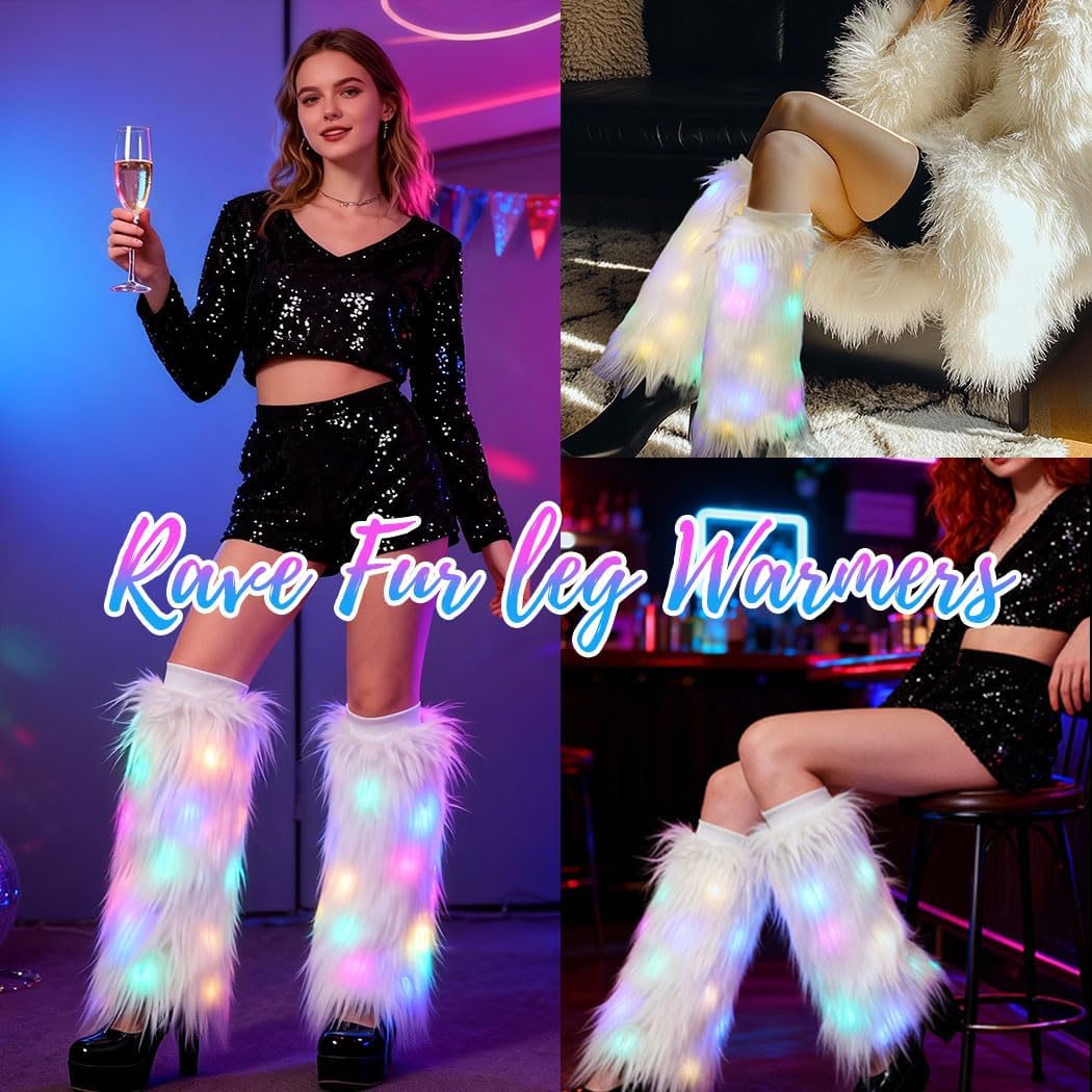 Abien Light Up White Fur Leg Warmers Fuzzy Boot Sleeves with Neon Rave Led Boot Covers for Christmas Party Concert for Women