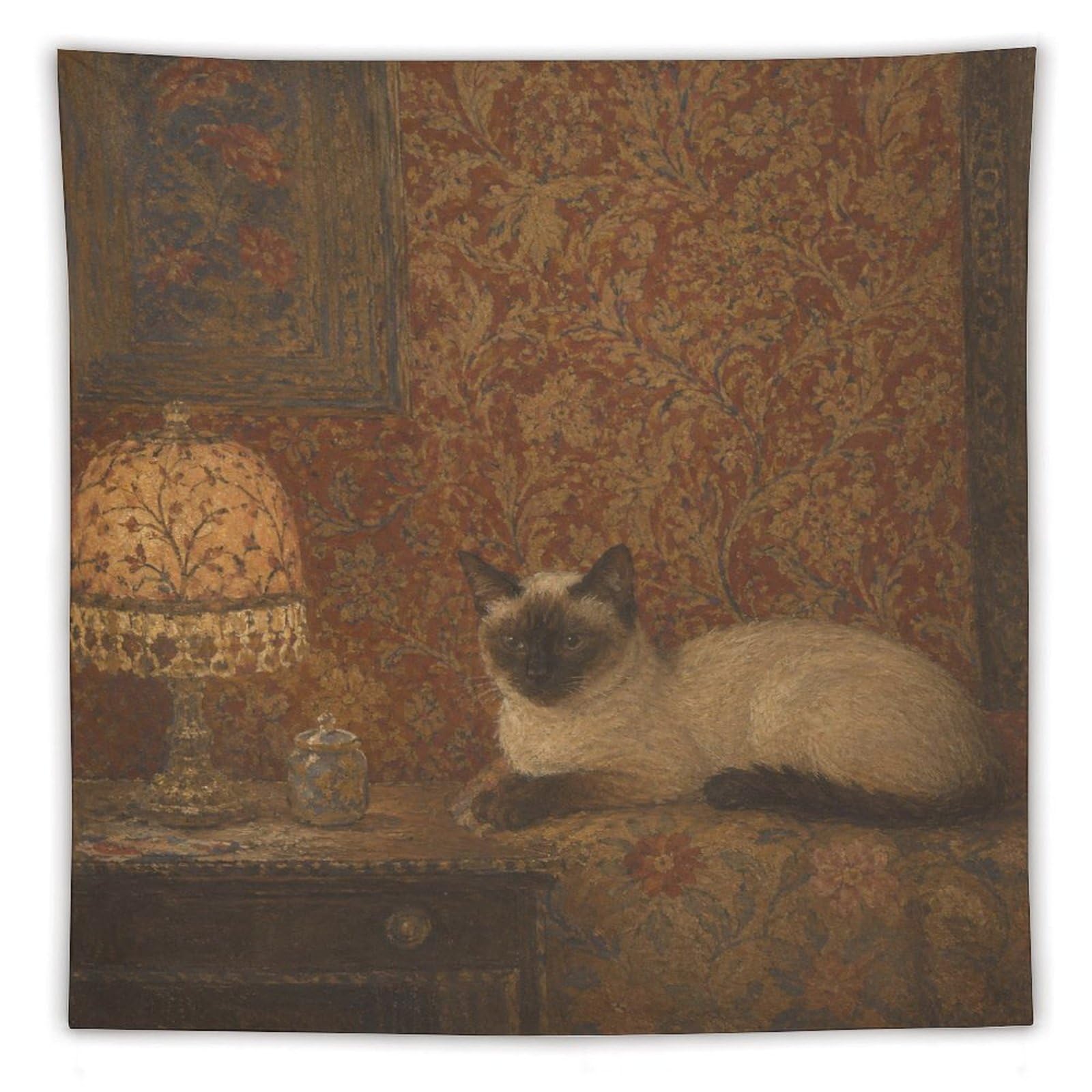 W7C8U2X3 Siamese Cat by Lamp Wall Tapestry, Realistic Illustration, Office