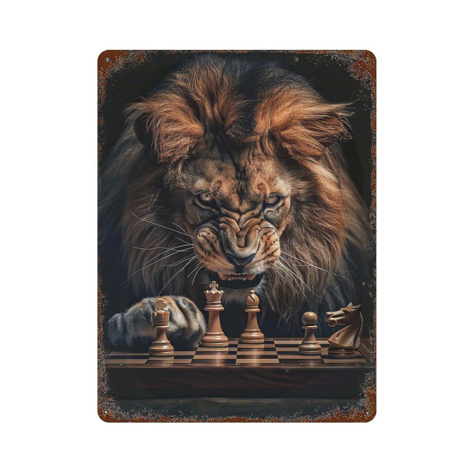 Decorative Tin Sign with Lion Chess Design 15.7"x11.8", for Garage, Bar And Workshop Decor, Farmhouse Wall Decor