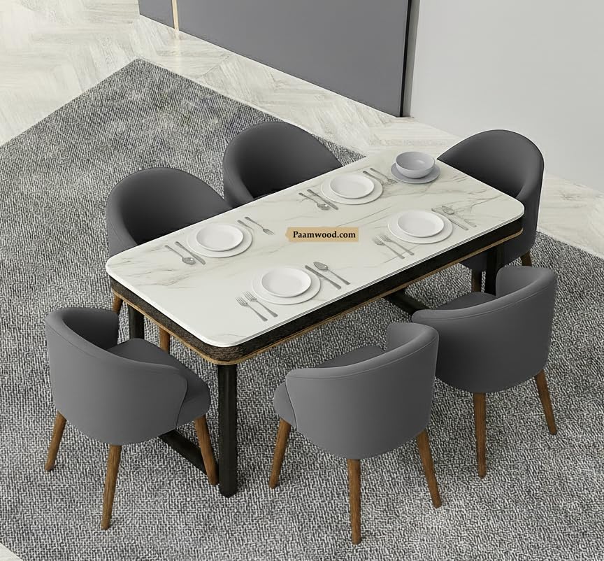 Image of 6-Seater Modern Top Dining Table Set | Premium Nano Composite Marble Top, MS Foldable, Sheesham Wood Legs | Suede Upholstered Chairs | Luxury Dining Furniture for Home (Grey) - 36 inchX72 inchX30 inch,