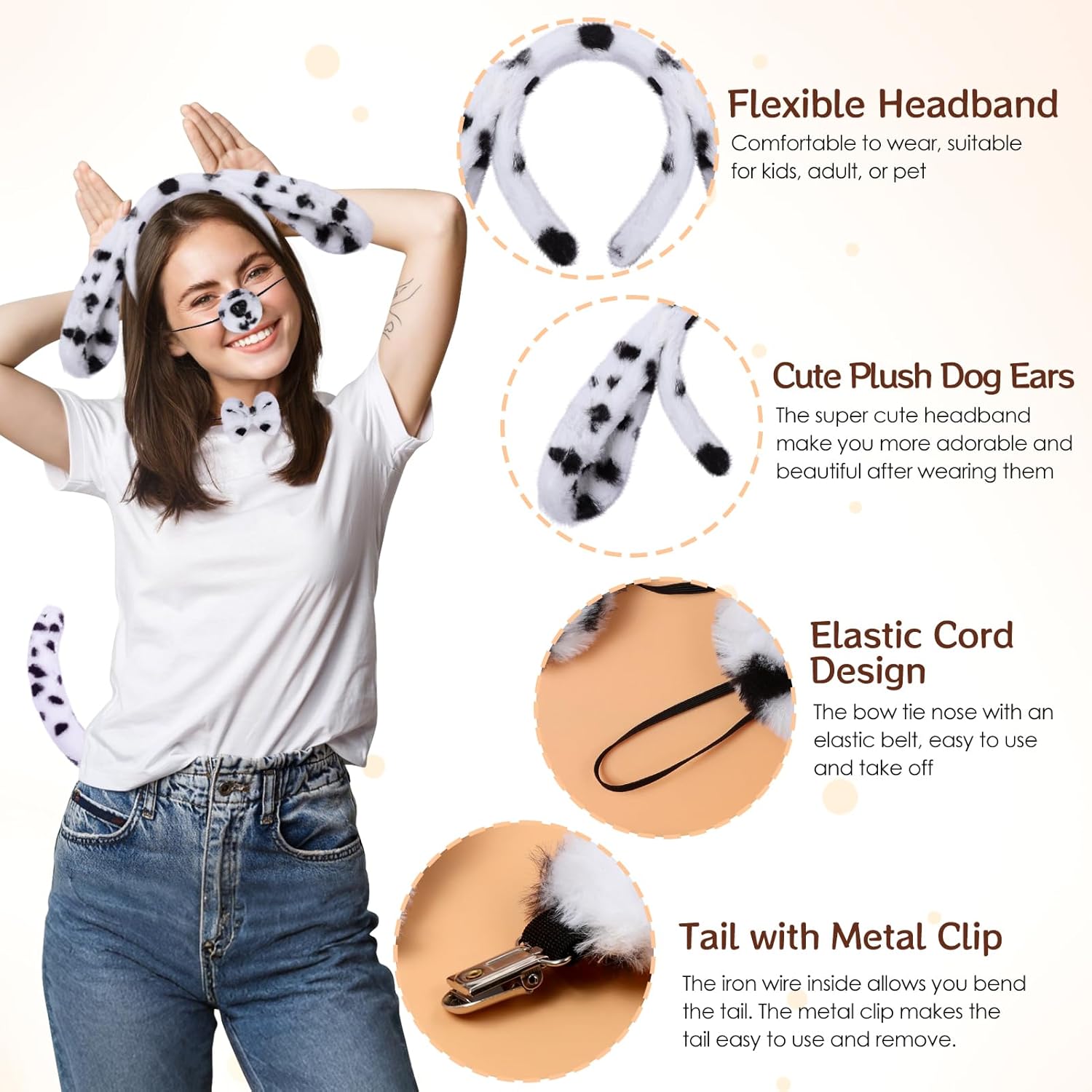 4 Pieces Dog Costume Set Dog Ears Headband Nose Tail and Bow Tie Cosplay Accessoies for Halloween Party - Image 4